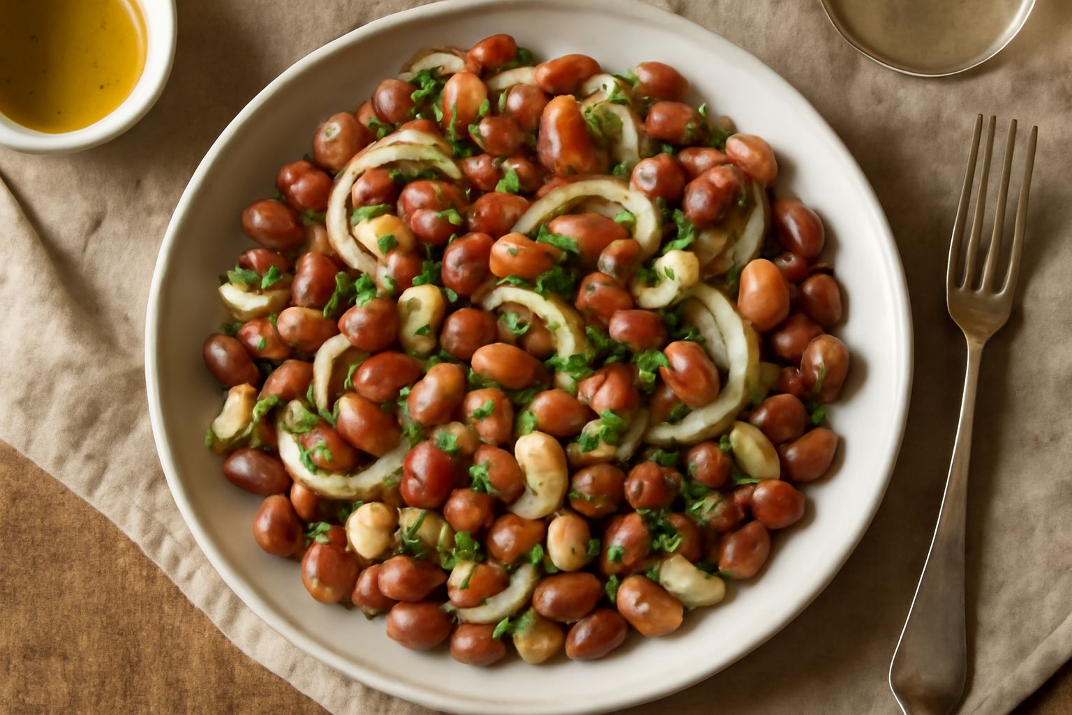Insalata di borlotti freschi in una ciotola bianca: fagioli rossi e bianchi, cipolla bianca affettata sottile, prezzemolo verde tritato, condimento dorato all'olio di oliva, su un tavolo di legno chia