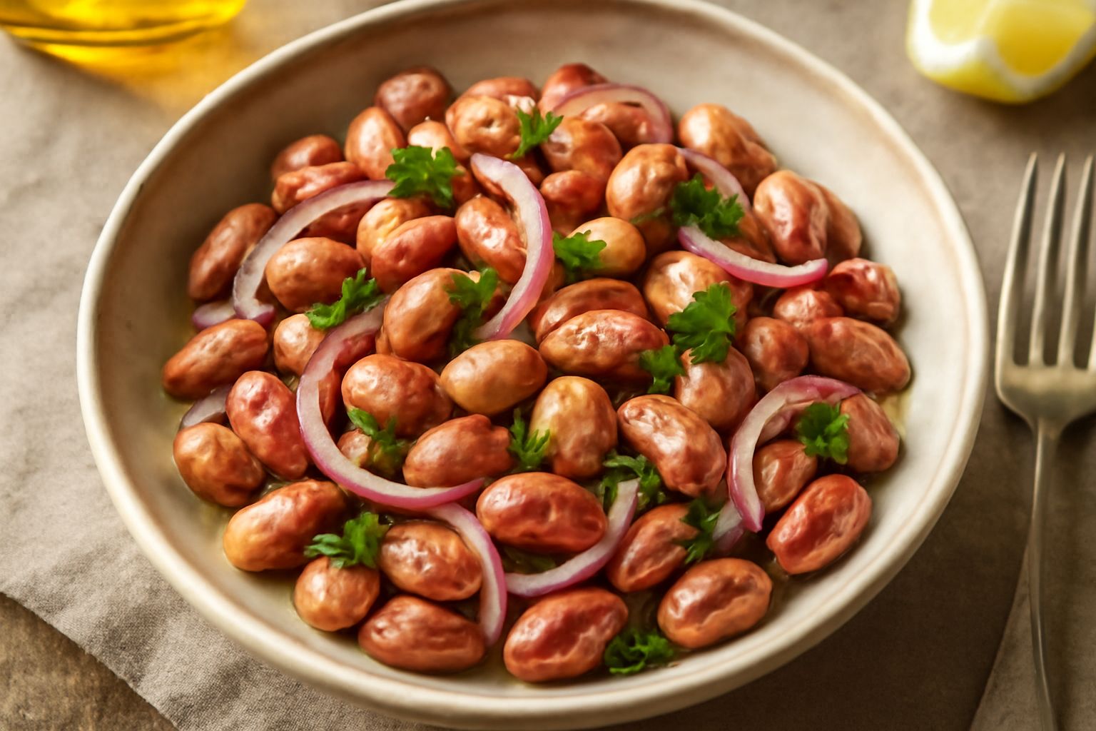 Insalata di borlotto in una ciotola bianca: fagioli rossi e bianchi lucidi, fette di cipolla rossa trasparente, prezzemolo verde fresco sparso, olio che luccica in superficie, limone tagliato a metà s