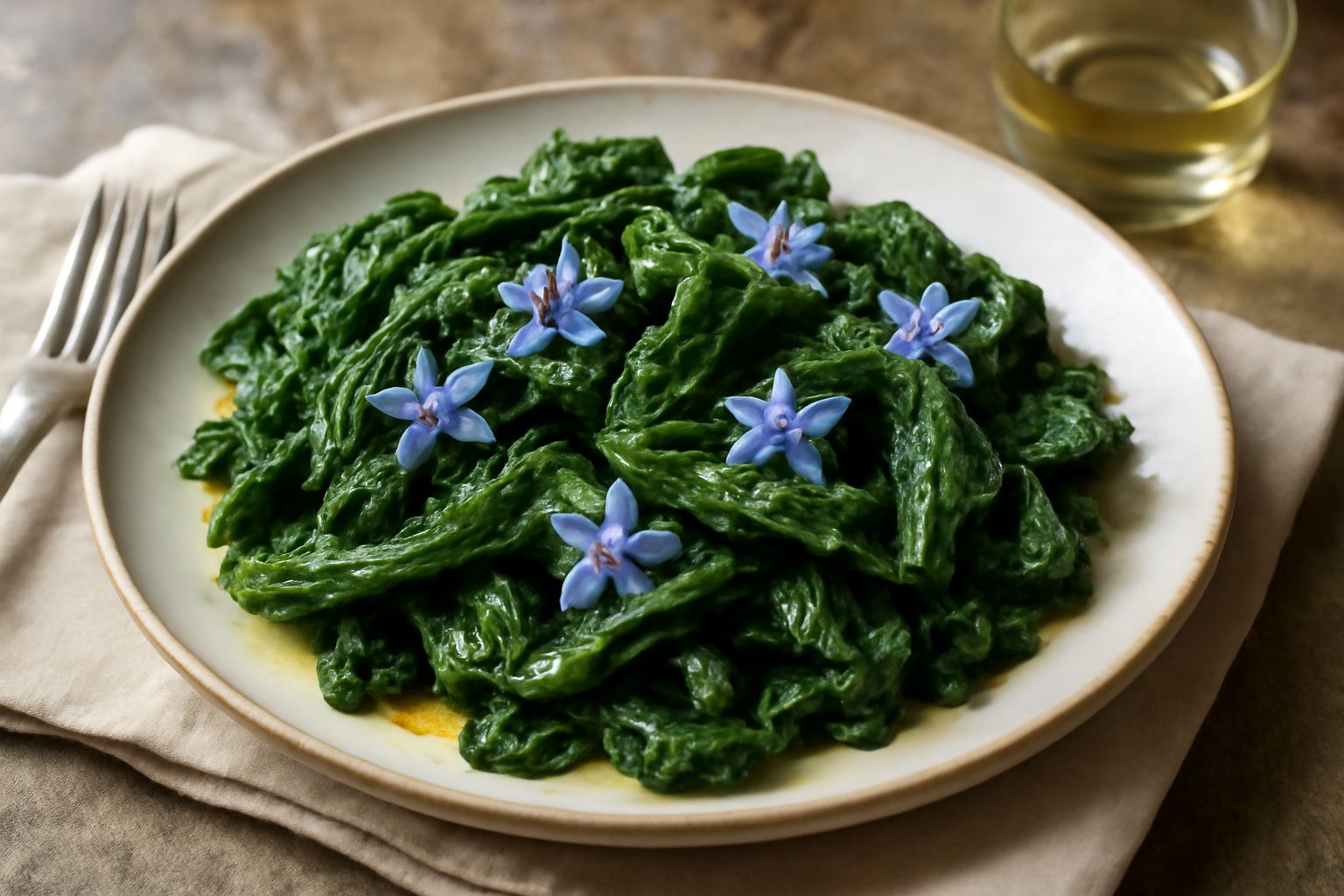Insalata di borragine tiepida in un piatto bianco, con foglie verdi sfumate di azzurro, fiori azzurri sparsi, filo di olio verde oliva in superficie, fondo di legno naturale