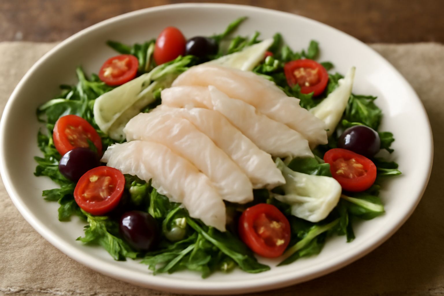 Insalata di branzino servita in piatto bianco con filetti bianchi di pesce, rucola verde, pomodorini rossi, olive nere e fette sottili di limone
