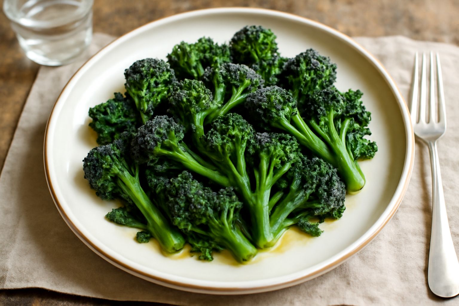 Insalata di broccoletti selvatici verde scuro croccanti disposti nel piatto bianco con gocce di olio dorato, sale marino e scaglie di parmigiano