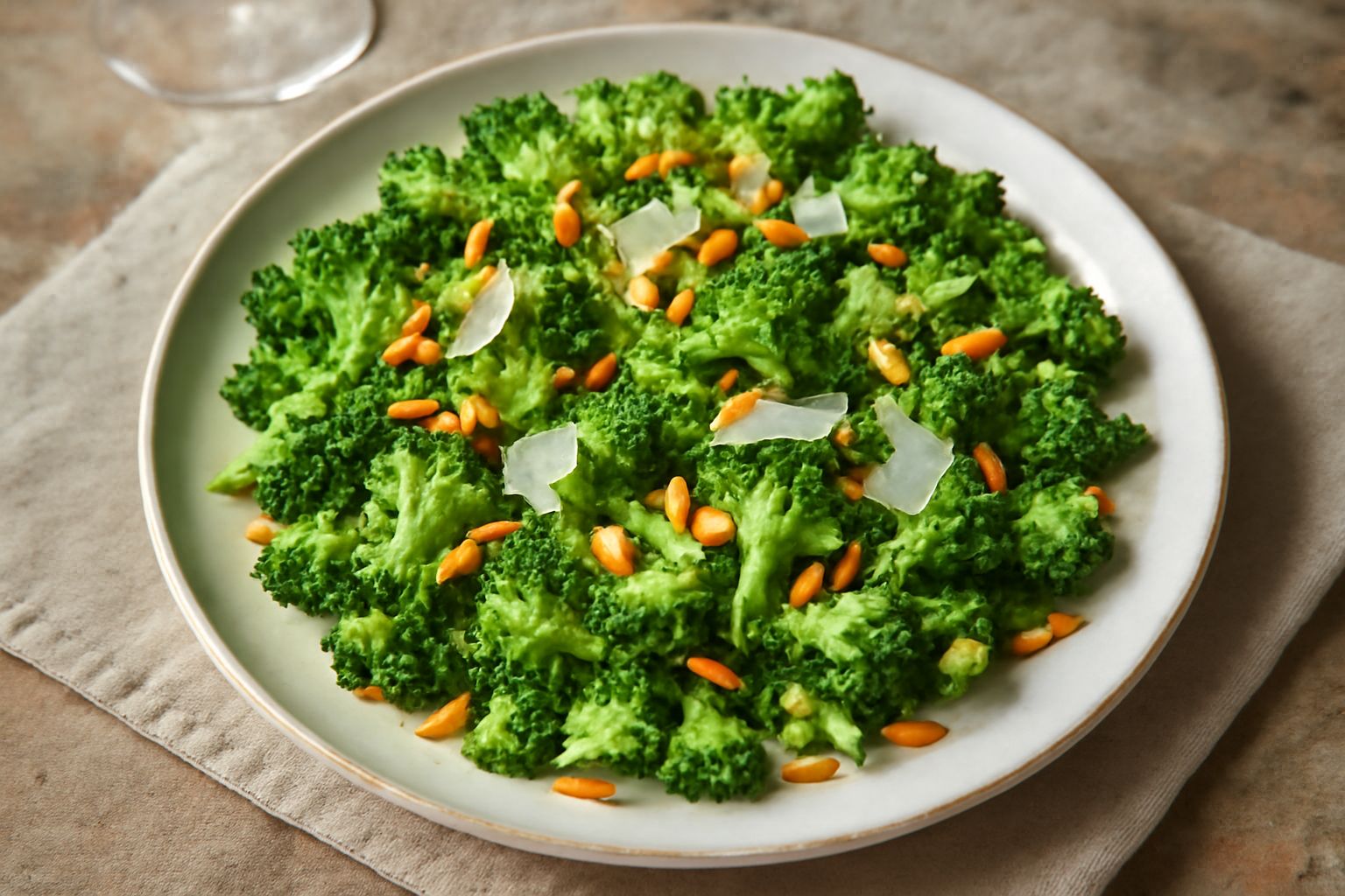 Insalata di broccoli servita in un piatto bianco: cimette di broccolo verde brillante, pinoli dorati sparsi in superficie, filo di olio extravergine lucido, fetta di limone gialla sul bordo del piatto