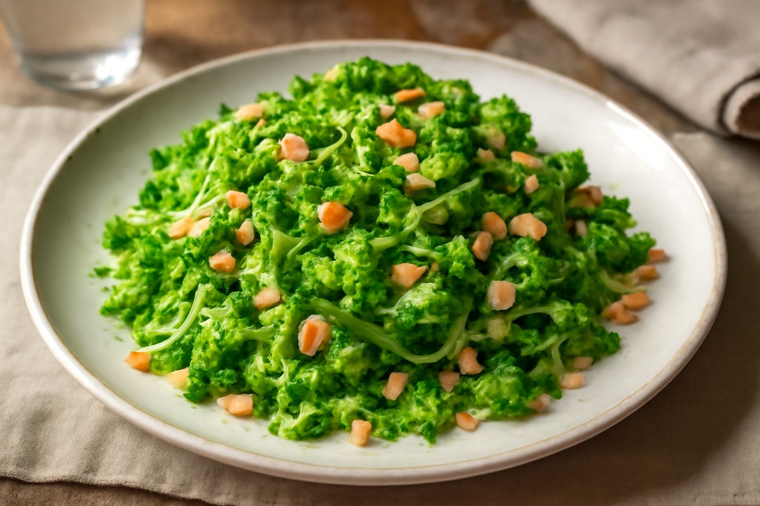 Insalata di broccolo crudo servita in una ciotola bianca, con florescenze tagliate sottili, colore verde brillante, mandorle tostate sparse in superficie, condimento limone e olio visibile, fondo bian
