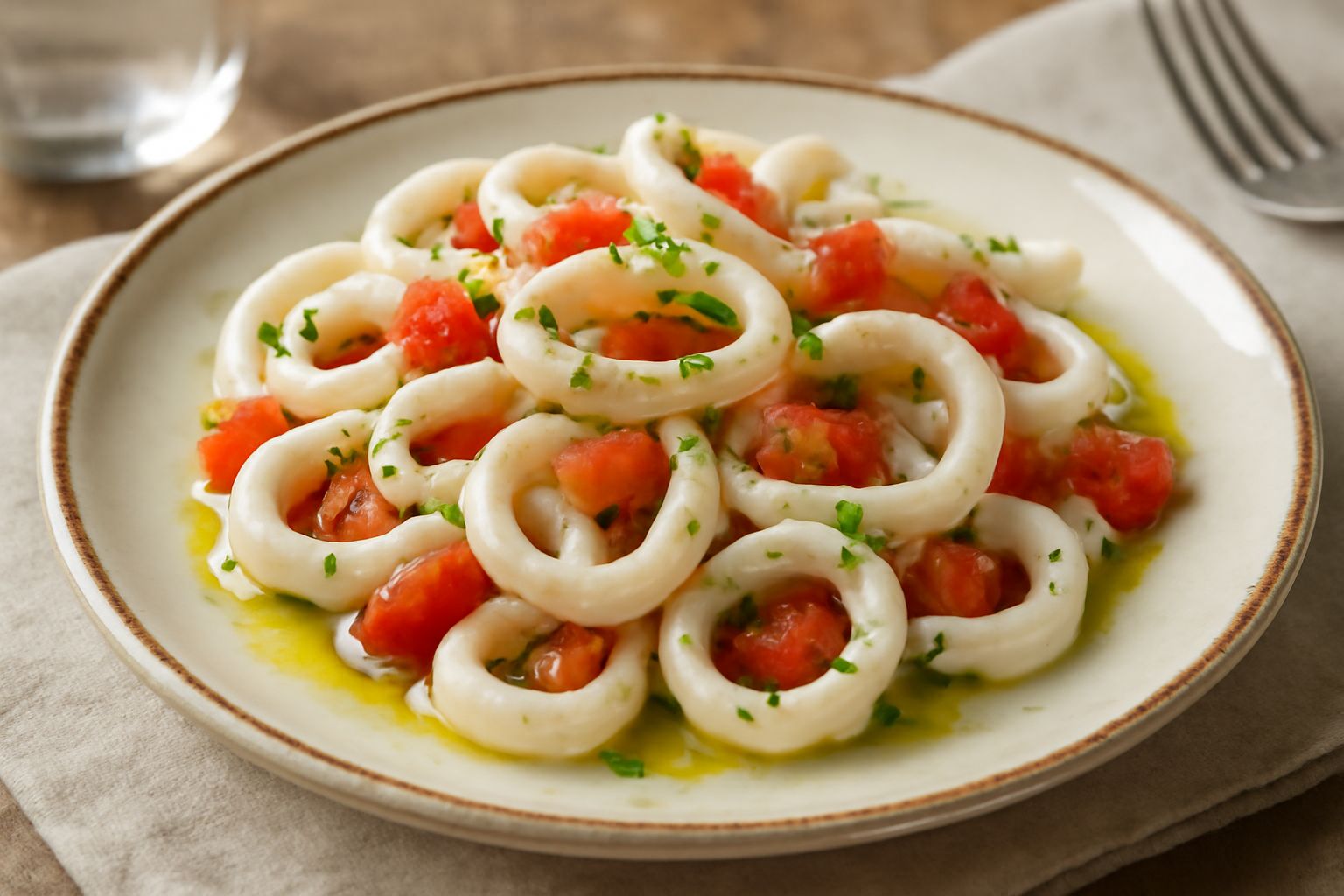 Insalata di calamaretti tagliati a anelli bianchi e leggermente trasparenti, con pomodori rossi, prezzemolo verde fresco, conditi con olio lucido in una ciotola bianca, limoni gialli sullo sfondo