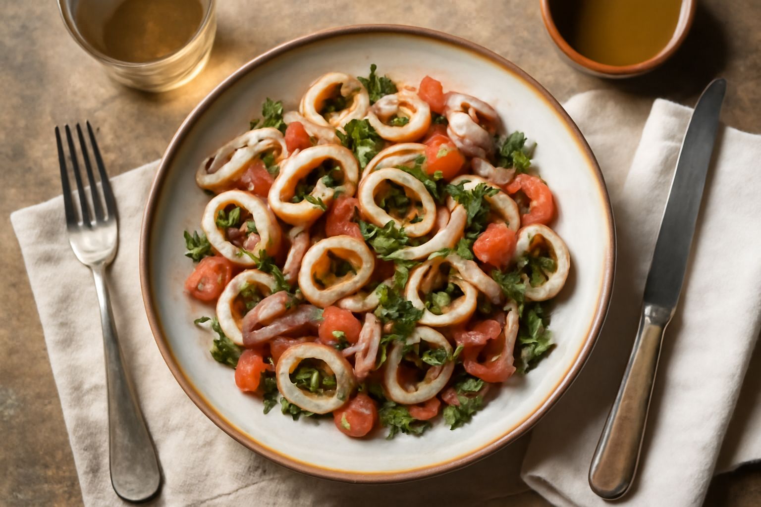 Insalata di calamari in ciotola bianca: anelli bianchi e trasparenti di calamaro, pomodori rossi a dadini, prezzemolo verde fresco, olio lucido che brilla, limone affettato di contorno