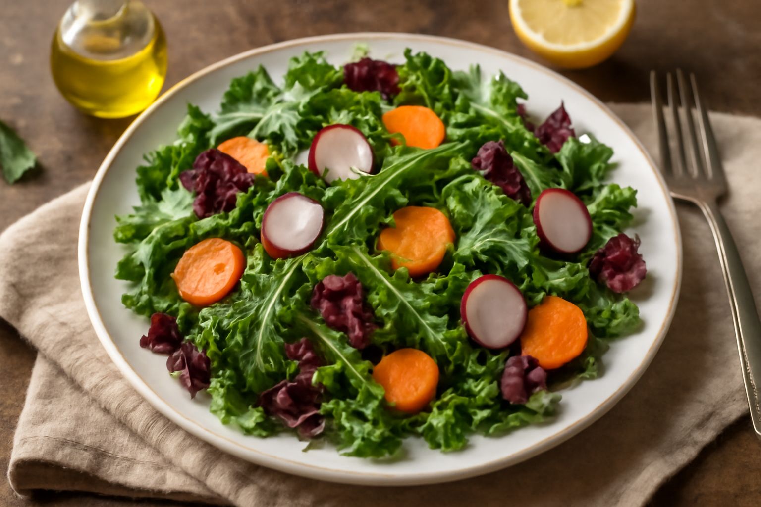 Insalata di campo servita in ciotola bianca: miscela di rucola, lattuga, cicoria, carote a fette sottili e ravanelli, con gocce di olio d'oliva e succo di limone visibili sulla superficie