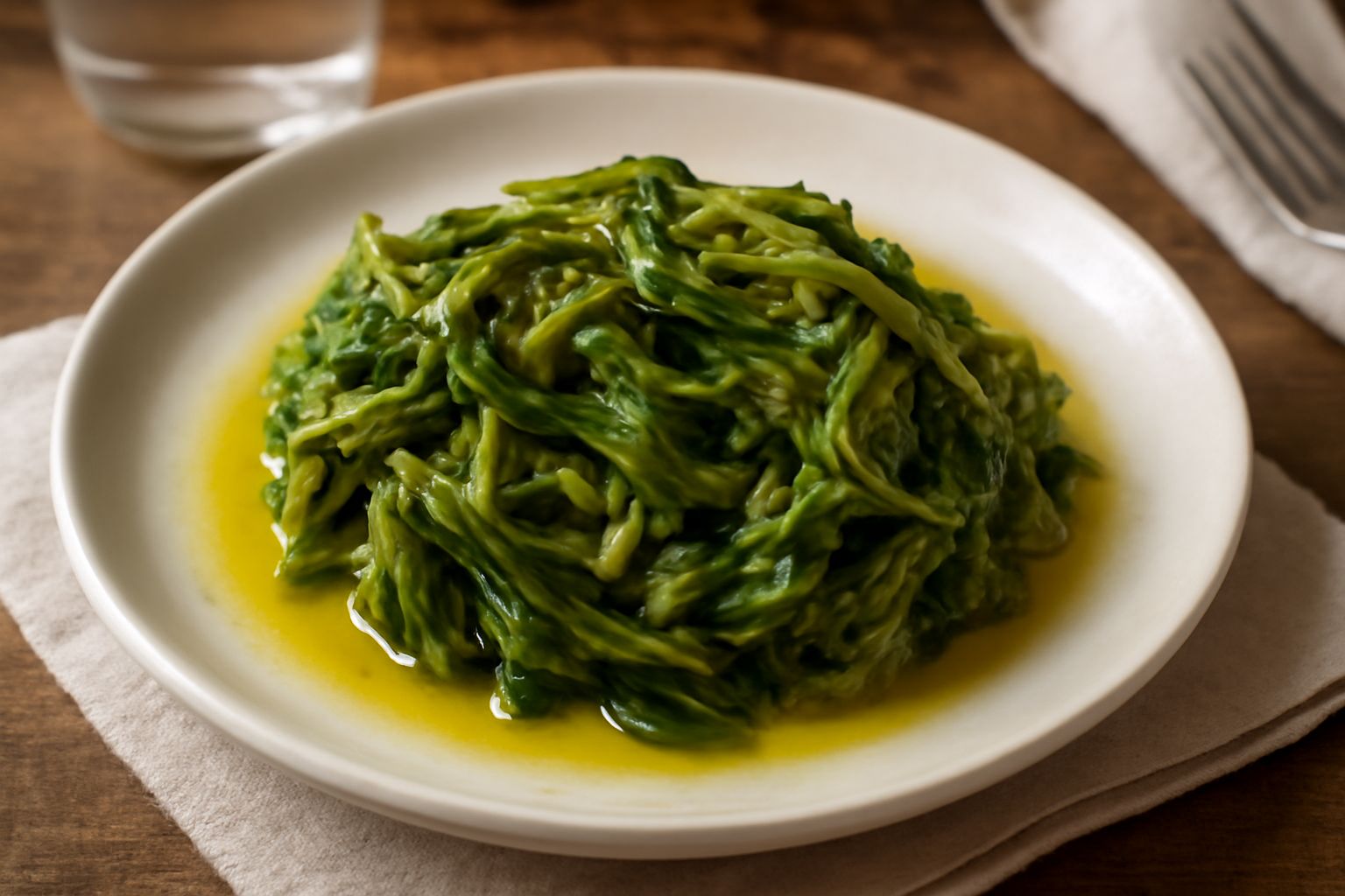 Insalata di campo sott'olio in un vasetto di vetro trasparente: verdure di colore verde pallido e giallo, immerse in olio trasparente dorato, con foglie visibili e qualche goccia d'olio sulle pareti d