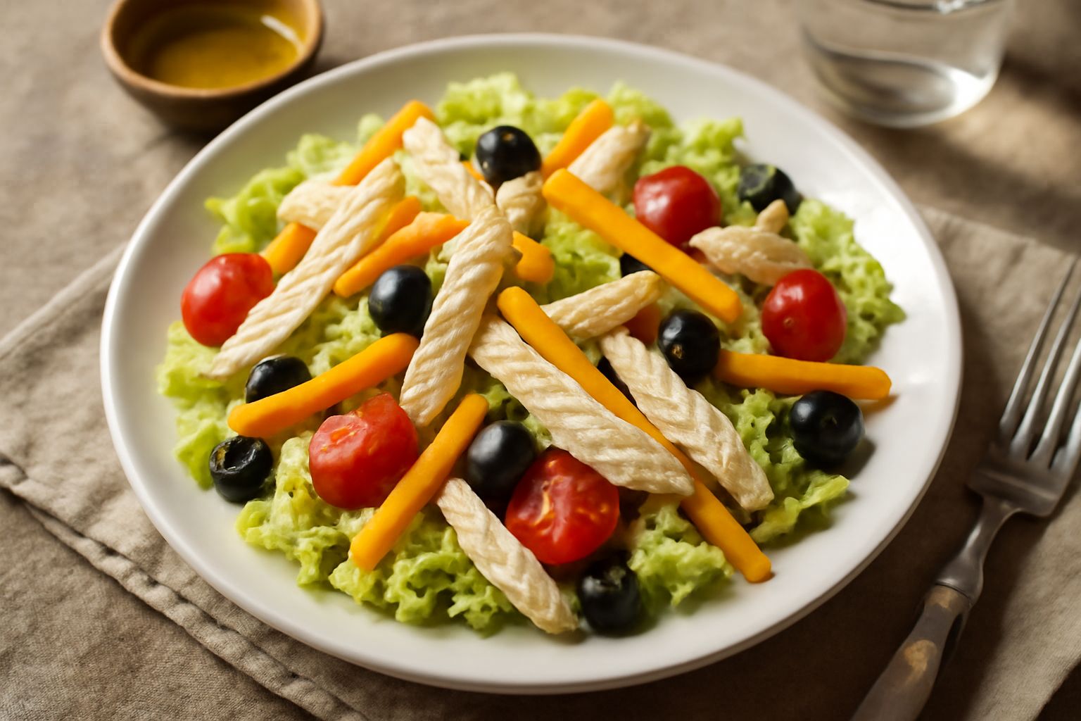Insalata di cappone freddo in piatto bianco: strisce di carne bianca, sottili fettine di carota giallo-arancio, indivia riccia, pomodorini rossi, olive nere tagliate a metà, condita con olio e limone,