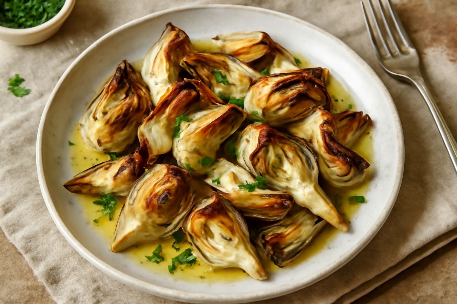 Carciofi grigliati tagliati a spicchi con segni di grigia scura, disposti su un piatto bianco, coperti di olio brillante, limone giallo e foglie di prezzemolo verde