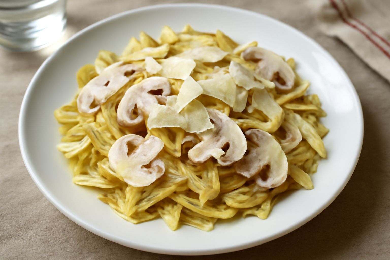 Insalata di carciofi crudi gialli e bianchi, tagliati sottilmente a lamelle, mescolati a funghi prataioli bianchi e rosati, condita con olio dorato, scaglie di parmigiano bianco e foglie di prezzemolo