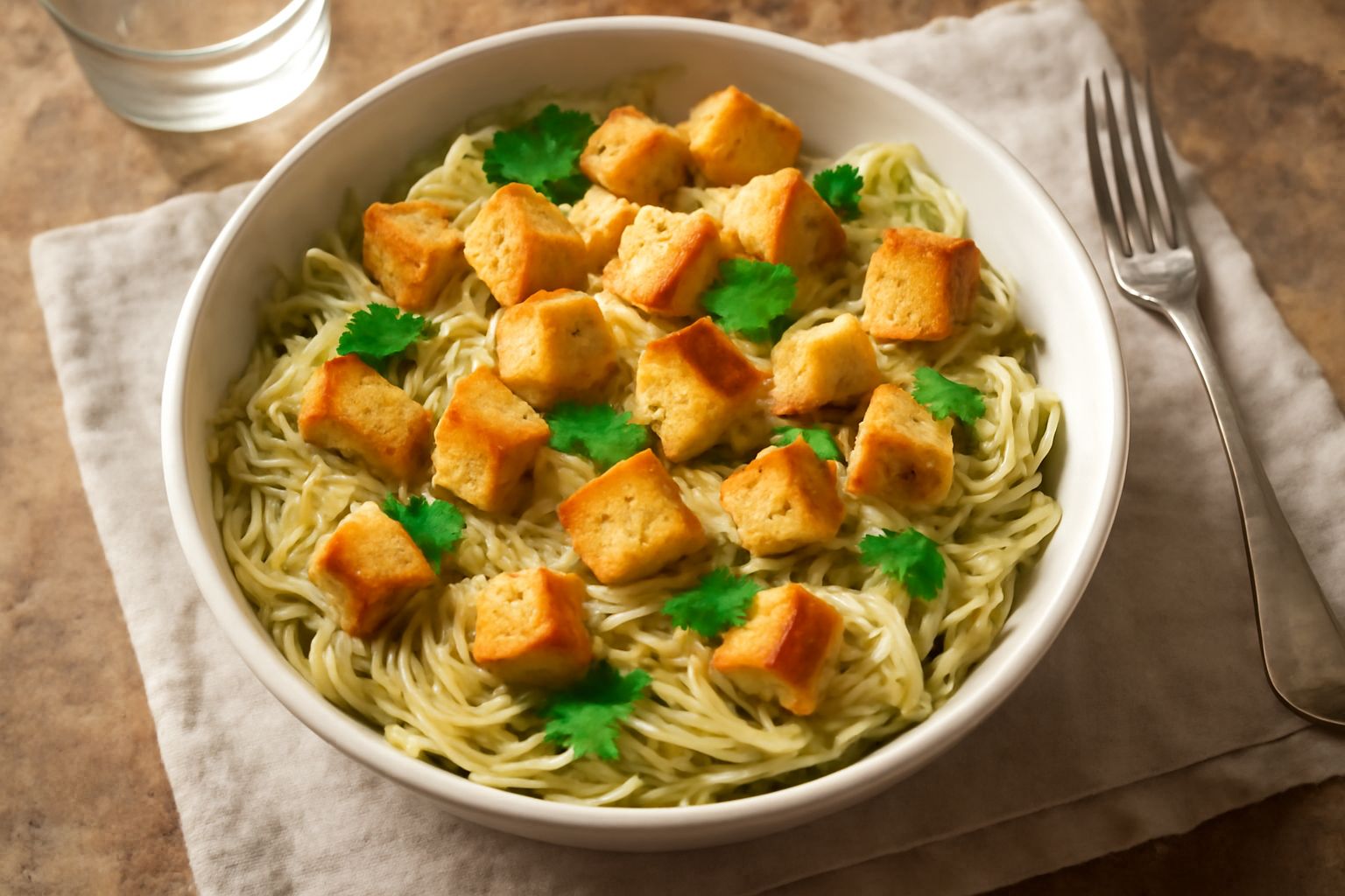 Insalata di carciofi crudi affettati sottili, cubetti di pane tostato croccanti, foglie di prezzemolo fresco, condita con olio d'oliva in una ciotola di ceramica bianca