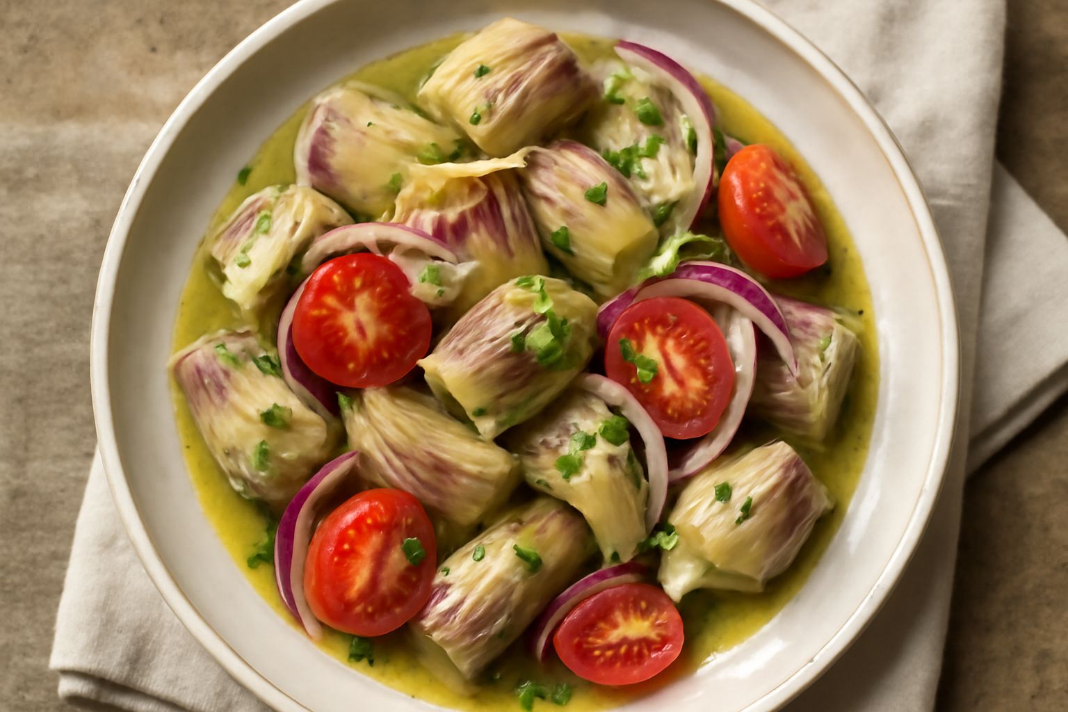 Insalata di carciofini sott'olio in un piatto bianco: carciofini piccoli di colore verde chiaro e viola, rucola fresca, pomodori rossi tagliati a metà, cipolla rossa sottile, olive nere lucide e olio 