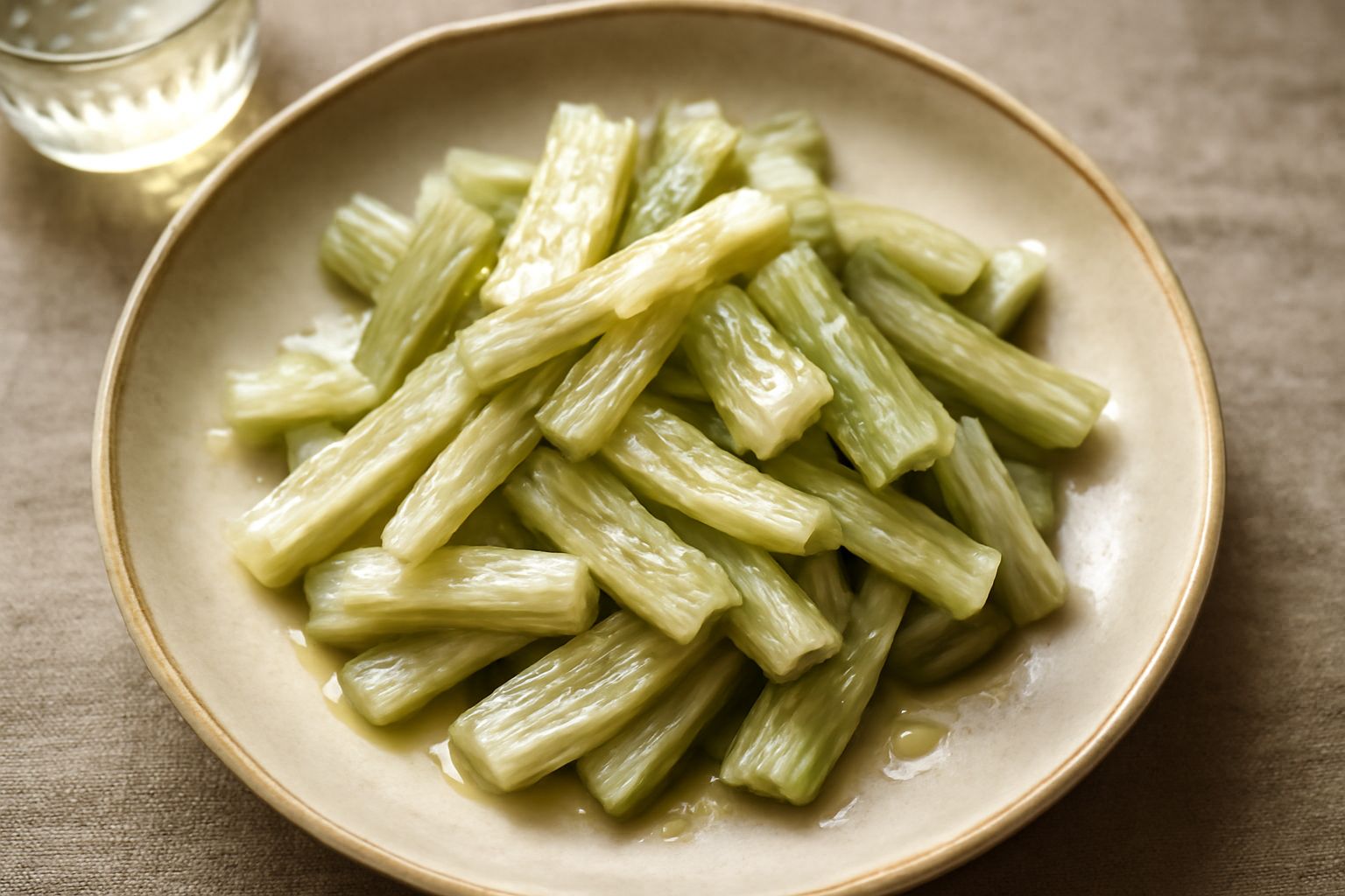 Insalata di cardi su piatto bianco con fette sottili di cardo bianche e verdi, condite di olio dorato, con limone e foglie di prezzemolo fresco a lato
