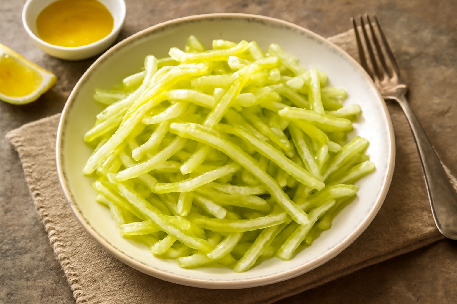 Insalata di cardi crudi tagliati a fette sottili e croccanti, di colore bianco e verde chiaro, conditi con olio e scaglie di parmigiano in un piatto bianco