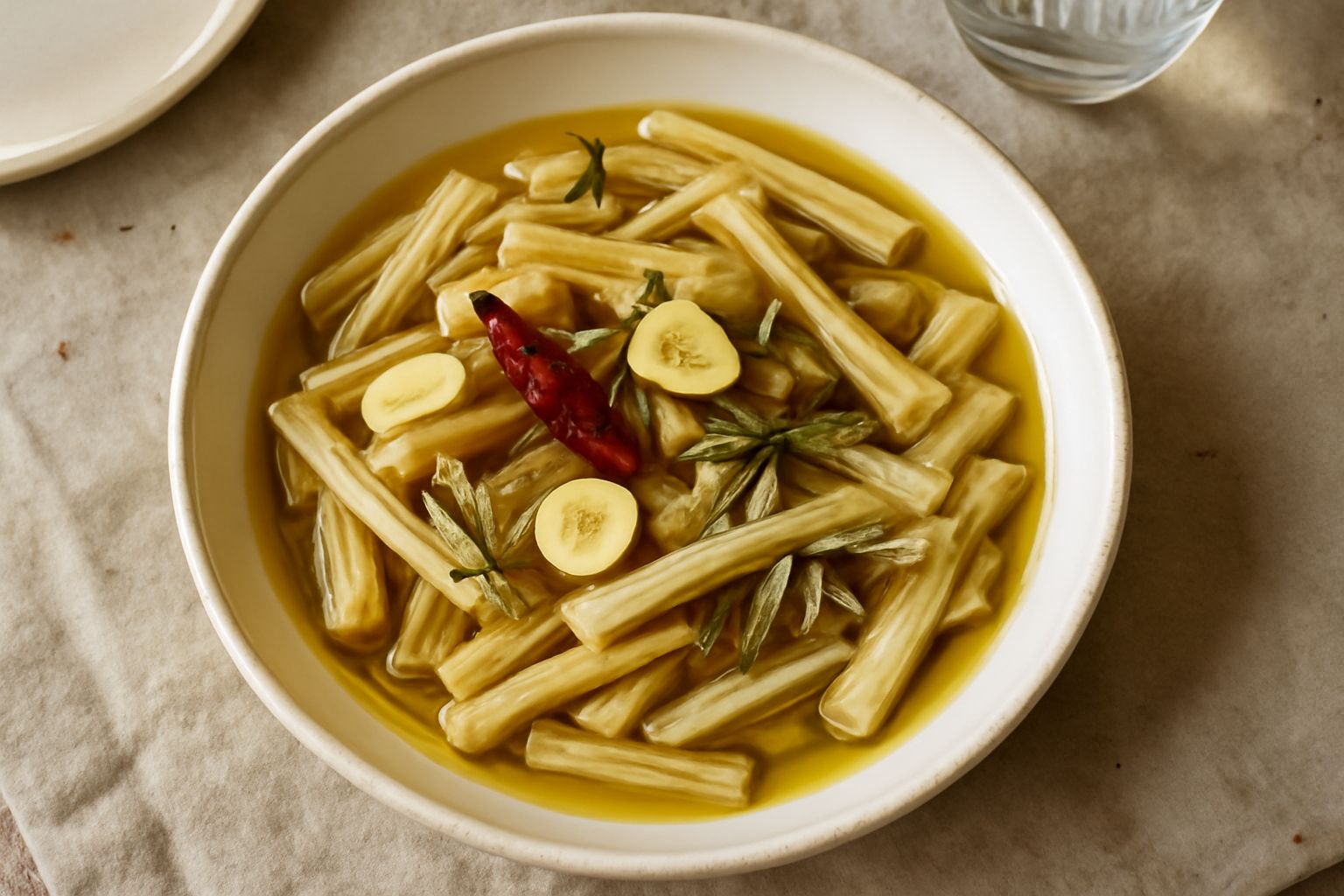 Cardi sott'olio in un vasetto di vetro, bianco crema con striscioline dorate di olio, aglio affettato, peperoncino rosso e rametti di rosmarino, contorno sfocato con tavolo di legno