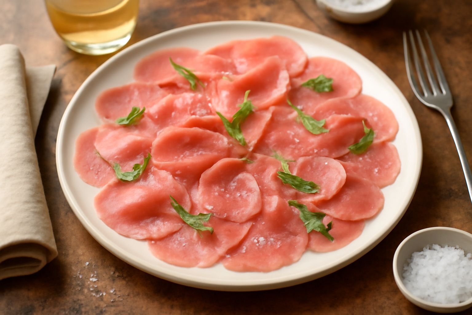 Piatto bianco con fettine sottilissime di carne rosa pallido disposte a ventaglio, limone fresco tagliato, olio verde, sale grosso e rucola verde in contorno