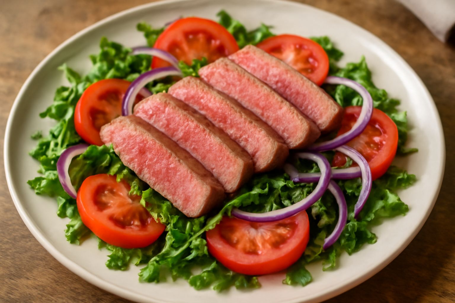 Insalata in piatto bianco con strisce di manzo rosato, rucola verde scuro, pomodori rossi a fette, cipolla rossa, condita con olio. Sfondo cucina con ingredienti sfocati, luce naturale dal lato sinist