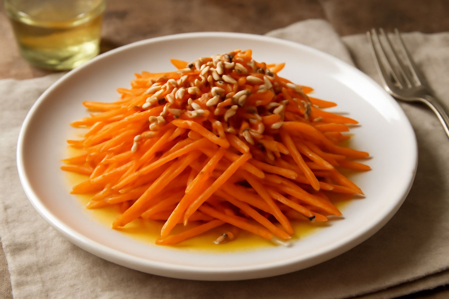 Insalata di carote crude tagliate a julienne in un piatto bianco, condite con olio dorato, semi di girasole sparsi in superficie, fettine sottili di limone giallo, sfondo grigio chiaro