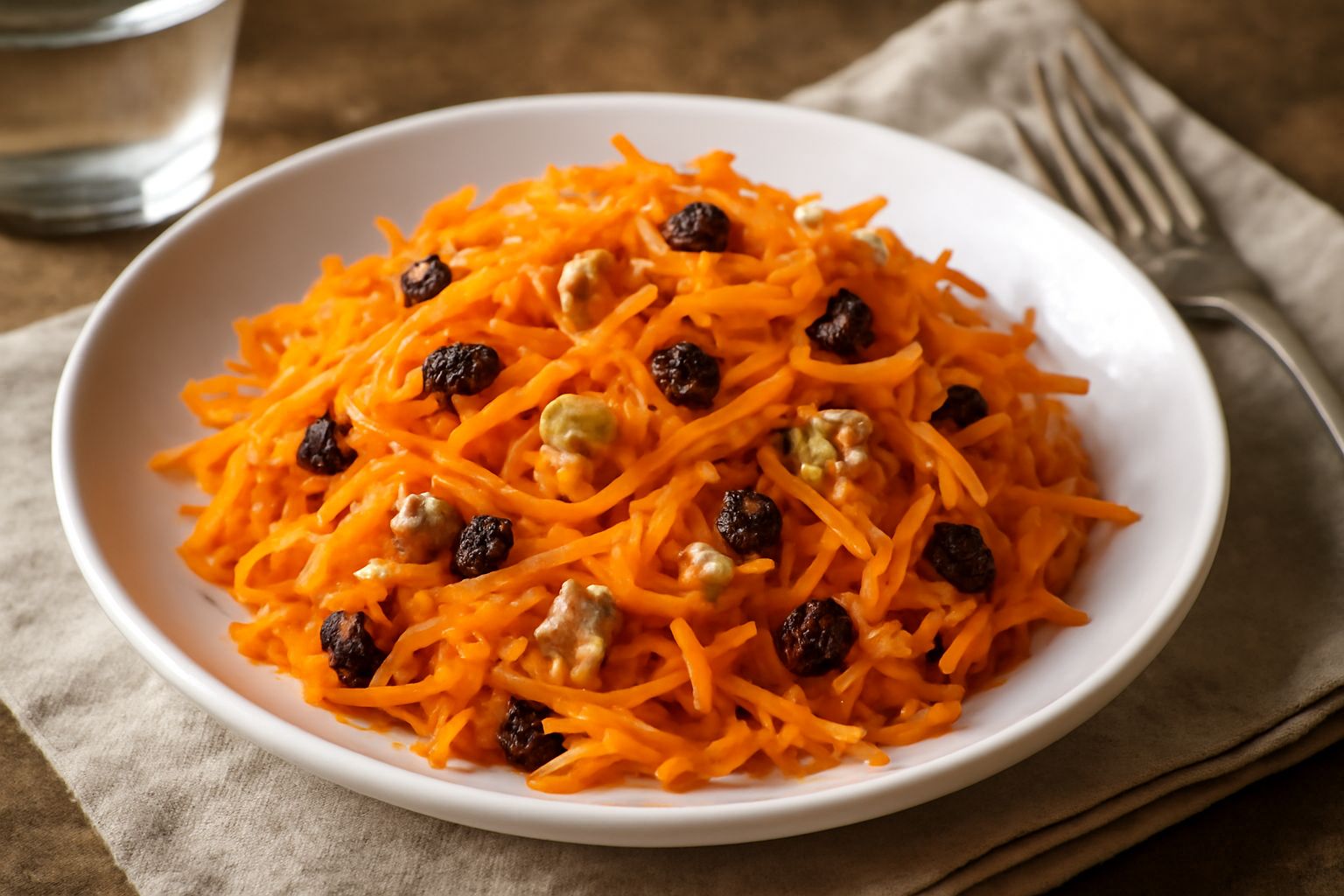 Insalata di carote grattugiate giallo arancio in una ciotola di ceramica bianca, con fettine sottili di carota cruda, uvetta scura sparsa, noci tostate e un filo d'olio d'oliva lucido in superficie, s
