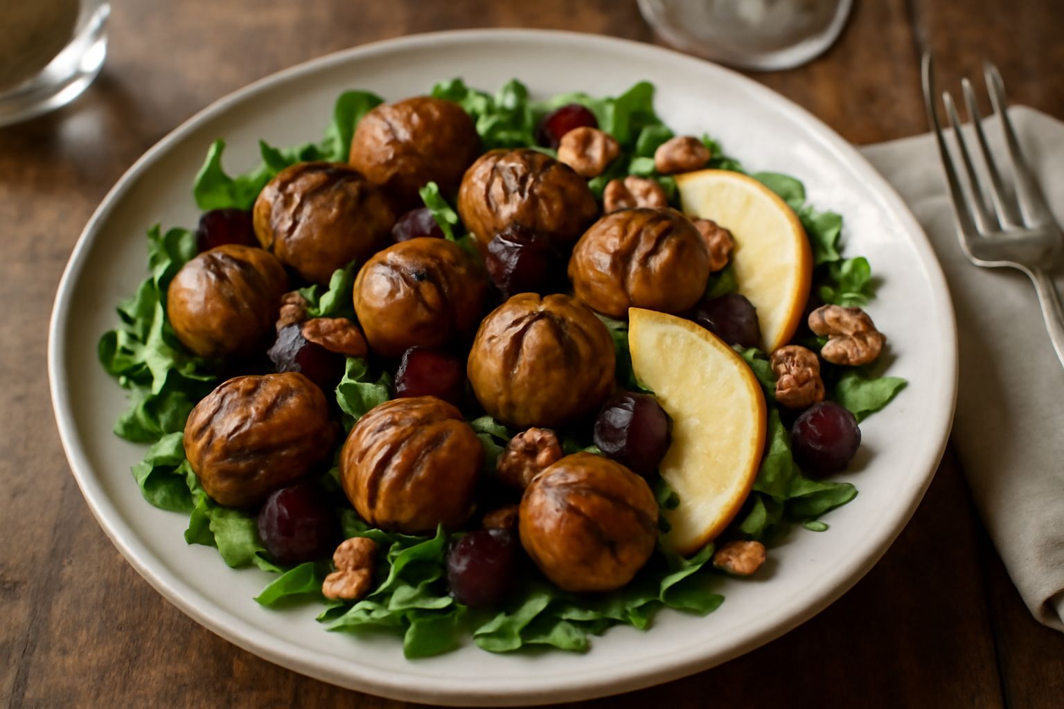 Insalata in ciotola bianca con castagne arrostite color marrone-dorate, rucola verde scuro, barbabietola viola tagliata a dadini, mela gialla affettata, noci spezzate. Condimento leggero lucido su tut