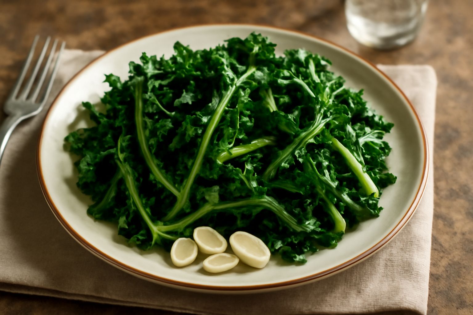 Piatto bianco con insalata di catalogna cruda, foglie ricce e frastagliate di colore verde scuro, condita con olio d'oliva, aglio affettato sottile e pane tostato ai bordi