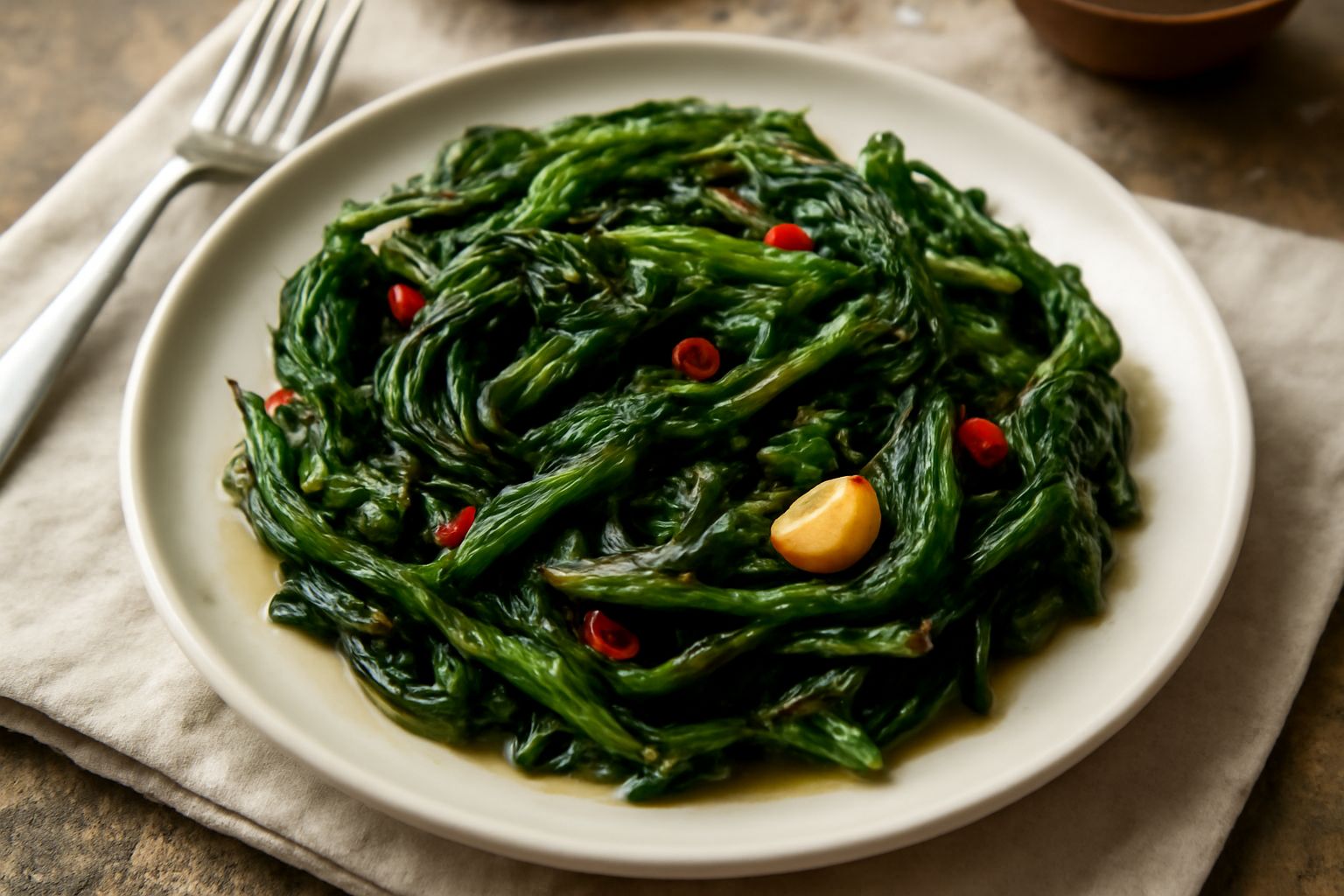 Insalata di catalogna soffice in padella, foglie verdi scuro tenere, aglio dorato e olio brillante, peperoncino rosso visibile, ciotola di ceramica bianca, tavolo rustico