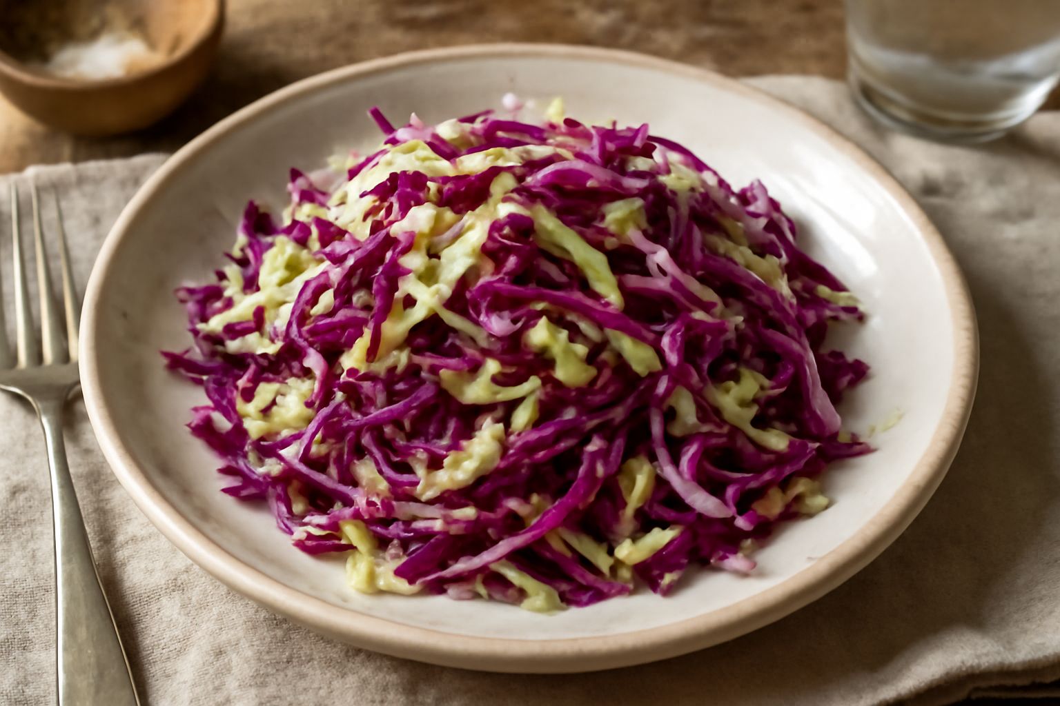 Insalata di cavoli tagliata sottile in una ciotola bianca, di colore bianco avorio e viola a seconda della varietà, condita con olio e limone, guarnita con semi di sesamo e una fetta di limone fresco 