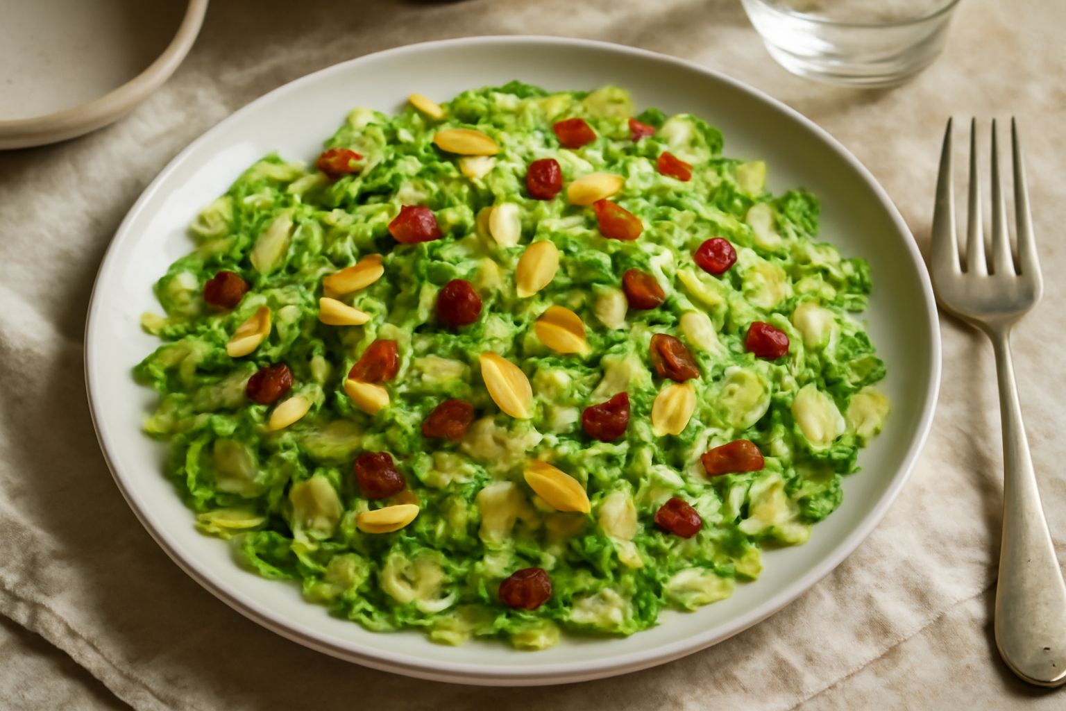 Insalata di cavolini di Bruxelles crudi affettati sottilmente, disposti in ciotola bianca con condimento a base di olio e aceto, decorati con mandorle tostate e bacche rosse, su tavolo in legno natura