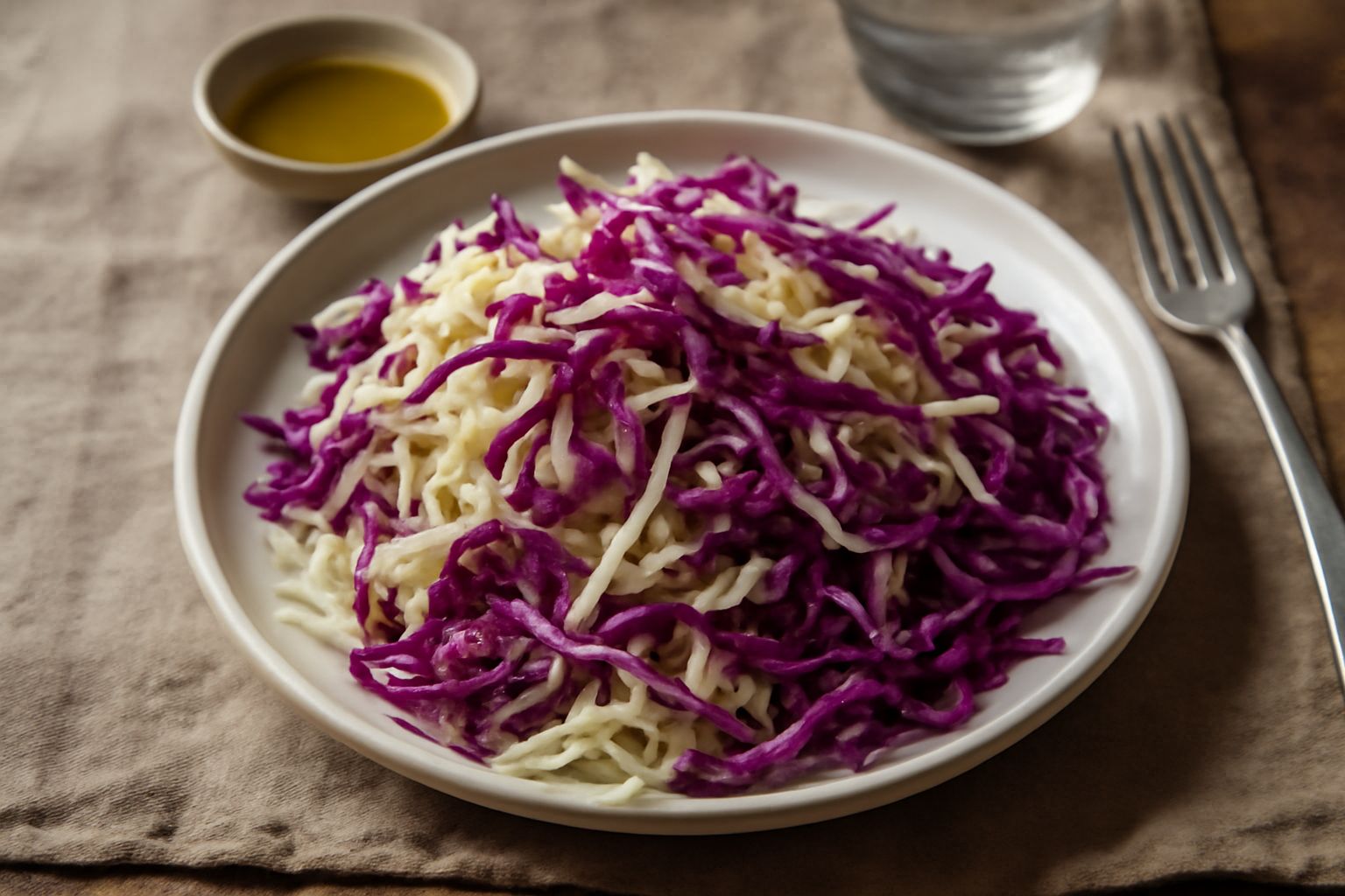 Insalata di cavolo rosso e bianco finemente affettato in una ciotola bianca, vestito di olio dorato e limone, con fettine di cavolo che si intravedono croccanti sotto il dressing trasparente