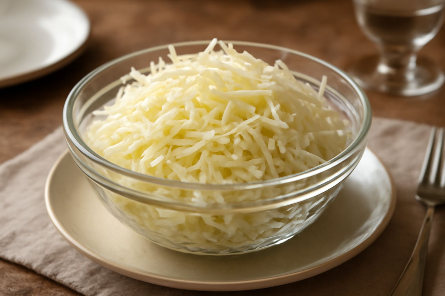 Insalata di cavolo bianco finemente affettato in una ciotola di vetro, bianchissimo e brillante, con fili sottili ben visibili, condita leggermente con gocce di olio che lucicano sulla superficie