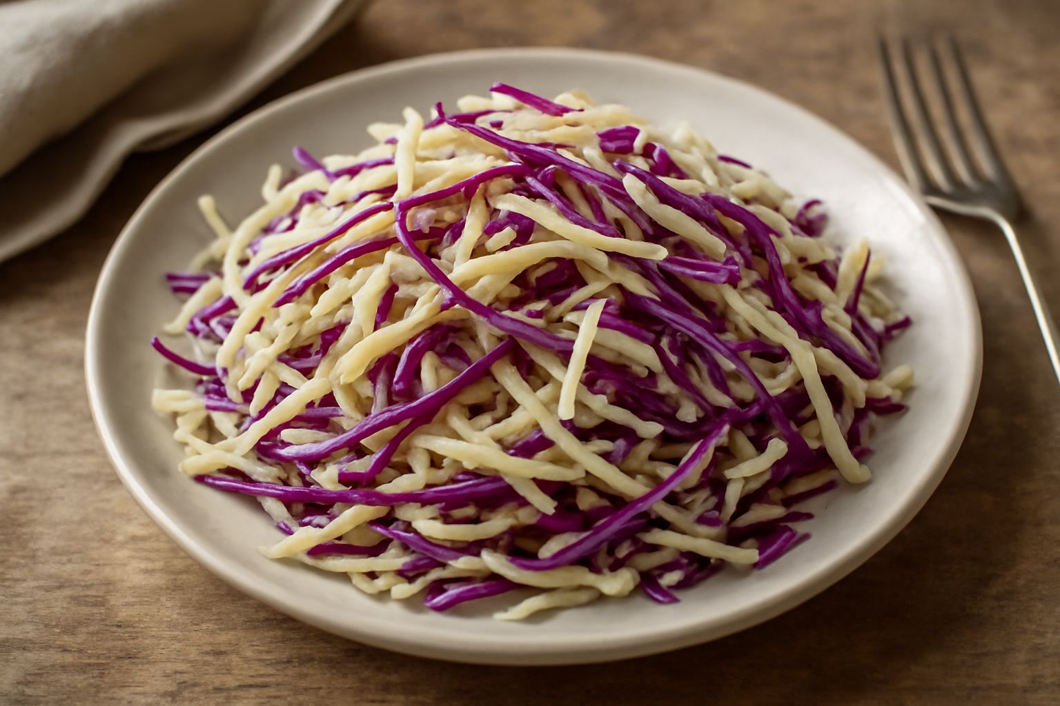Insalata di cavolo cappuccio rosso e bianco finemente affettata in una ciotola di vetro, con gocce di olio d'oliva che brillano, accompagnata da fette di limone fresco a lato