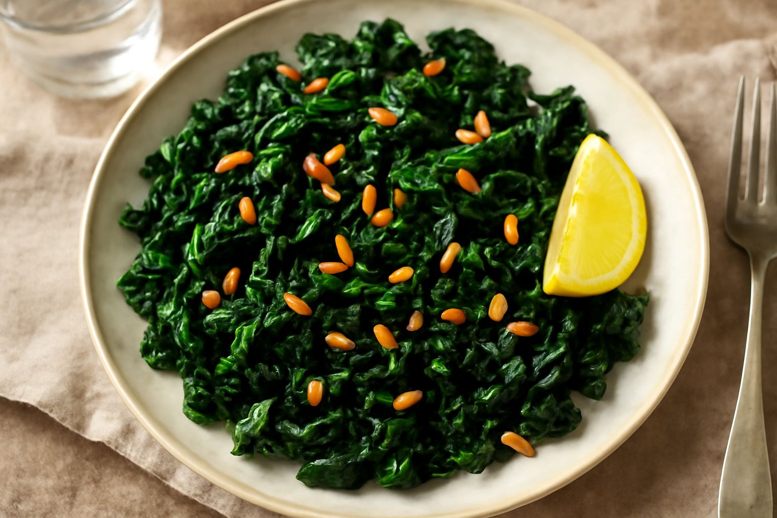 Insalata di cavolo nero in una ciotola bianca, foglie massaggiate e scure, condita con olio dorato, pinoli tostati sparsi in superficie, limone fresco a lato