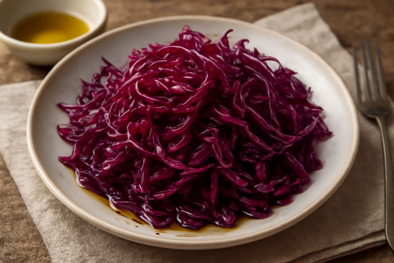 Insalata di cavolo rosso tagliato sottile, con sfumature viola e bordeaux, condita con olio d'oliva, servita in una ciotola bianca con pezzi di mela gialla e semi di girasole sparsi in superficie