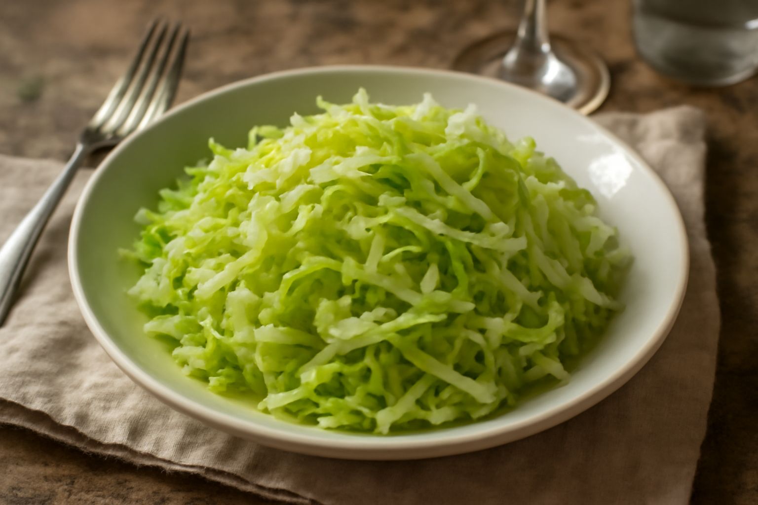 Insalata di cavolo verza finemente affettato, di colore verde pallido e bianco, disposto in una ciotola bianca, condito con gocce di olio e scaglie di sale, con qualche fogliolina fresca in superficie
