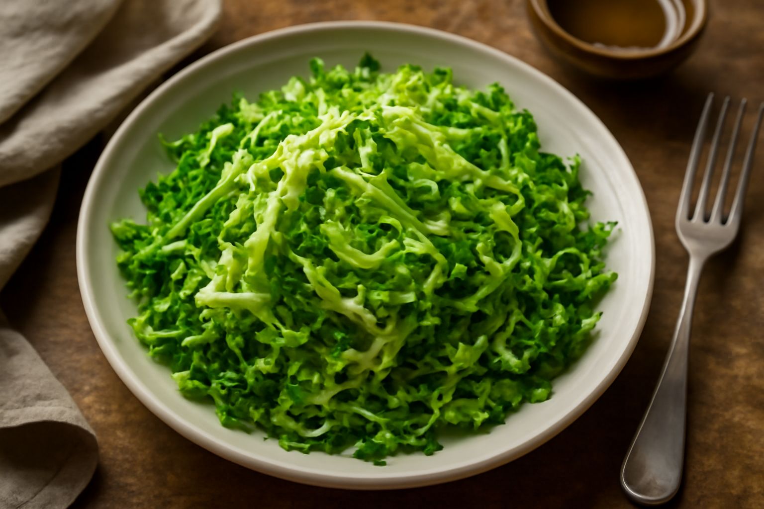 Insalata di cavolo verza crudo in una ciotola bianca, con strisce sottili di colore verde chiaro e scuro, accompagnata da un condimento di olio e limone, guarnita con semi di sesamo tostati