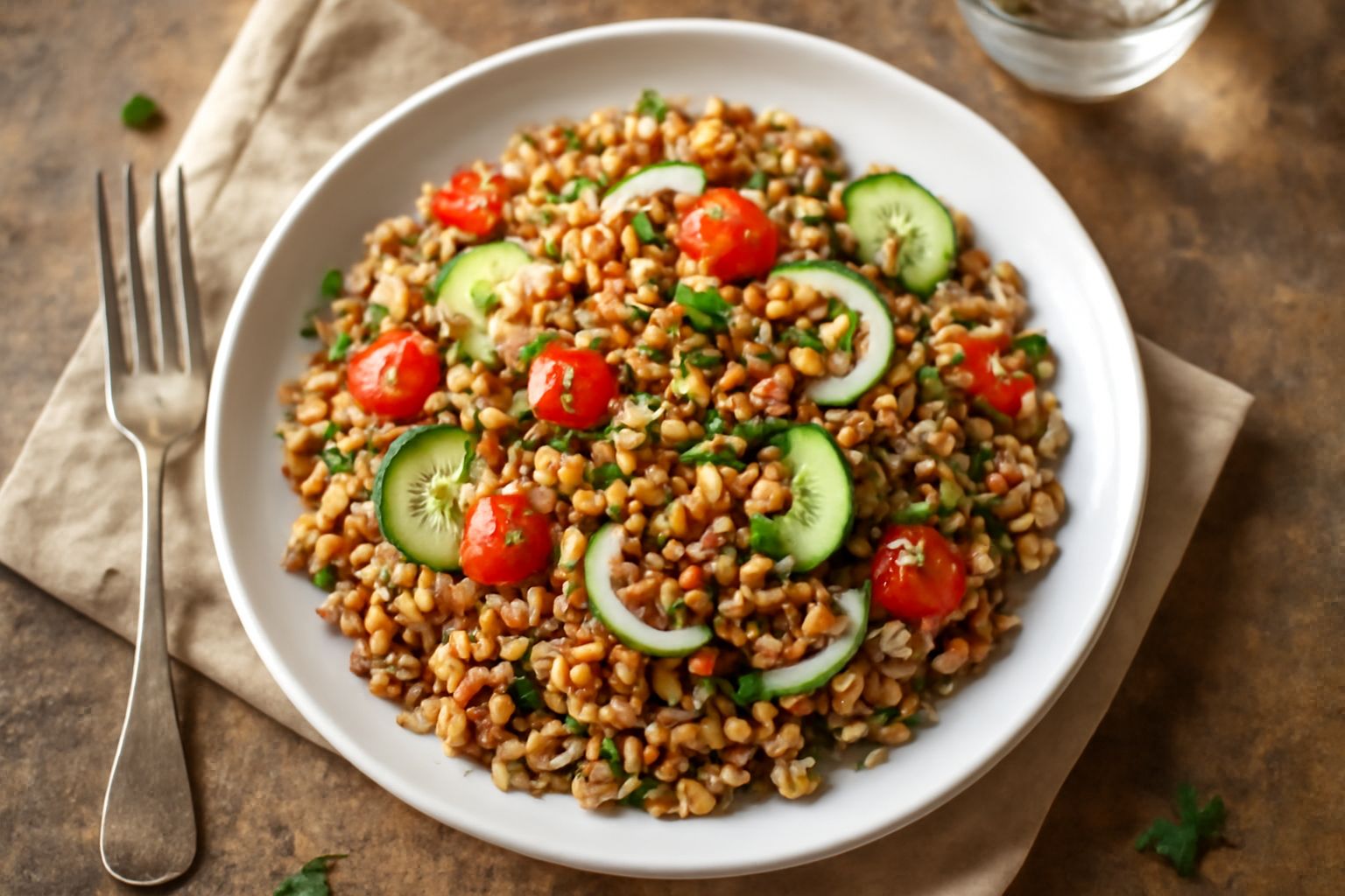 Insalata in ciotola bianca con chicchi di orzo, farro e riso integrale ben visibili, pomodori rossi tagliati, cetrioli verdi, cipolla bianca affettata sottile, prezzemolo fresco sparso in superficie. 