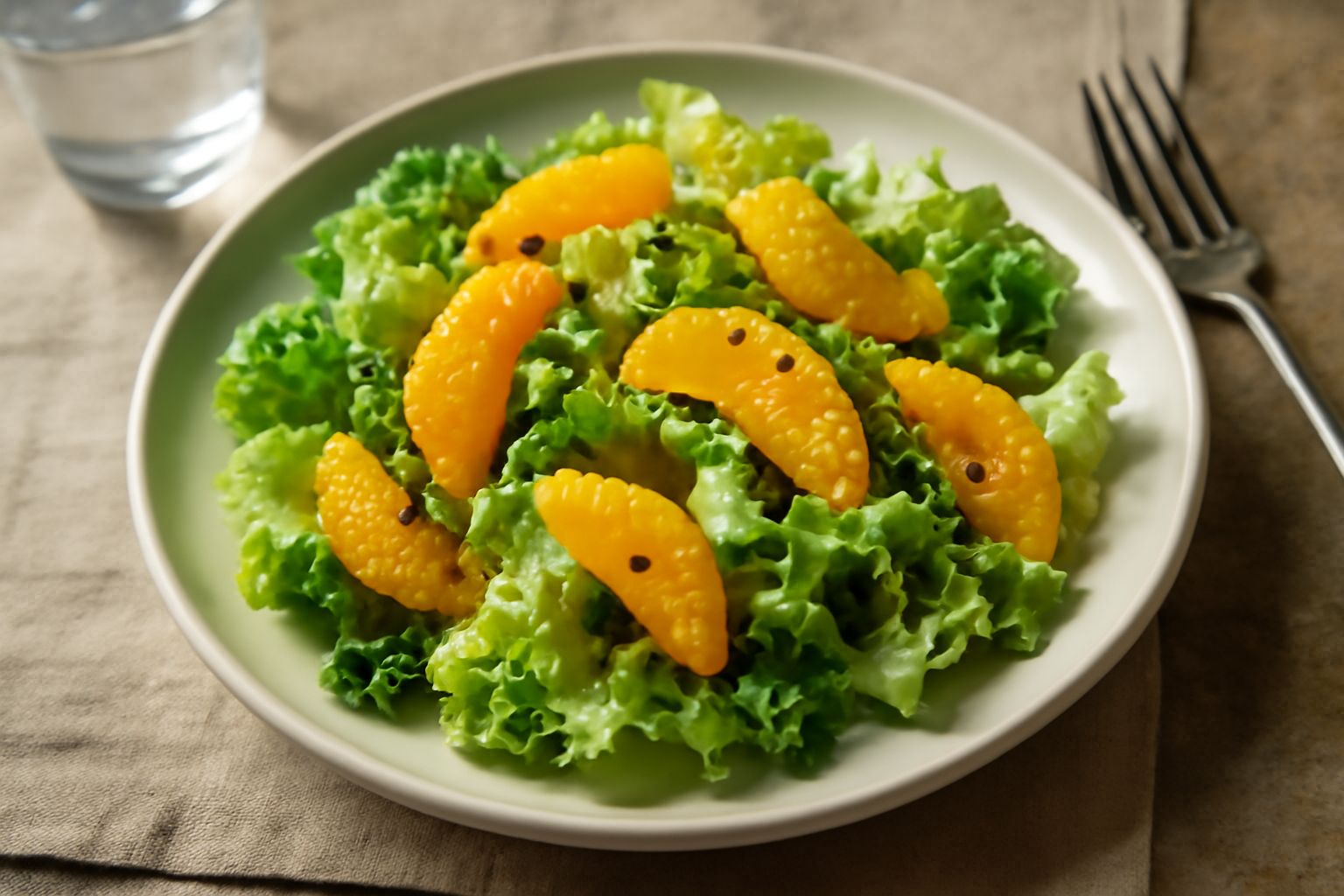 Insalata servita in piatto bianco con foglie di lattuga cespo verde chiaro e brillante, spicchi di arancia giallo-arancio, semi scuri sparsi, condimento lucido sulla superficie