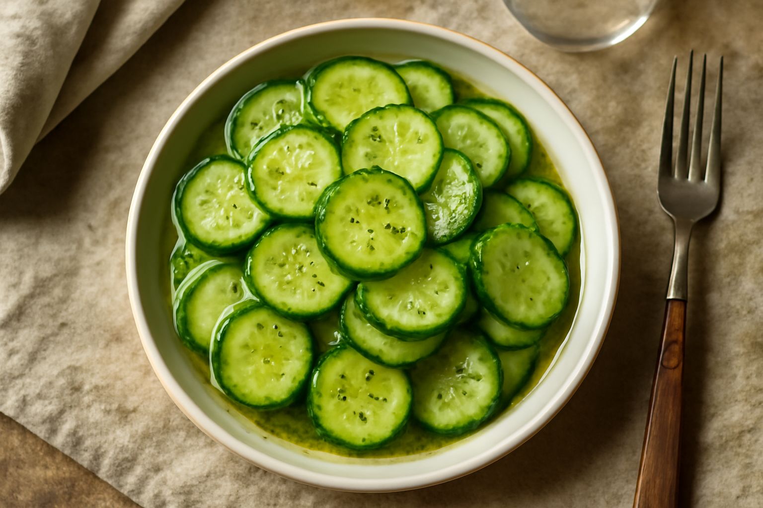 Insalata di cetrioli in una ciotola bianca con fettine trasparenti e croccanti, spolverate di aneto fresco e cipolla rossa sottile, condimento chiaro e brillante