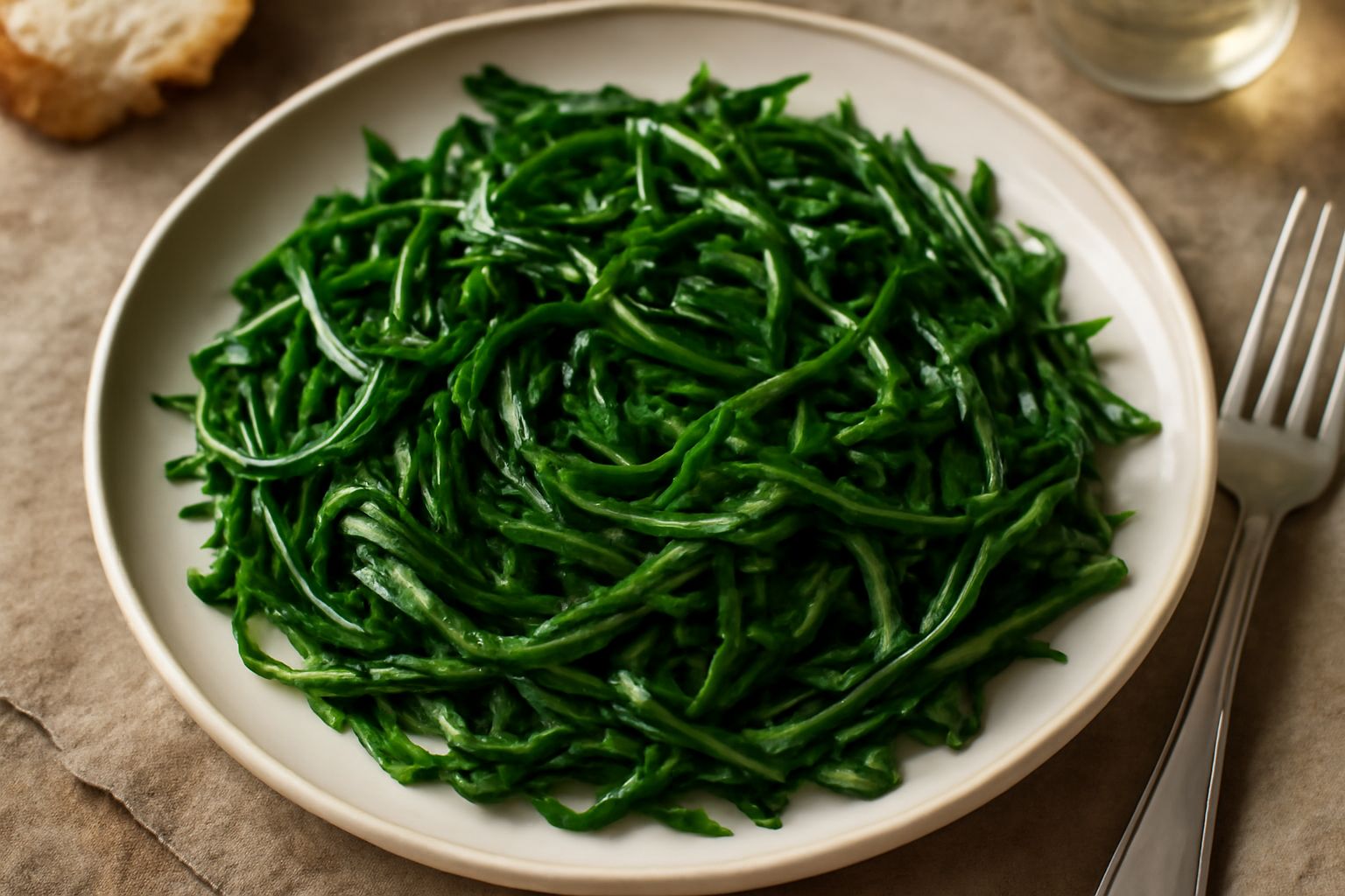 Insalata di chicoria fresca e croccante in un piatto bianco, con foglie verde scuro tagliate a striscioline, condite con olio d'oliva lucido, gocce di limone giallo e sale marino grosso sparso in supe