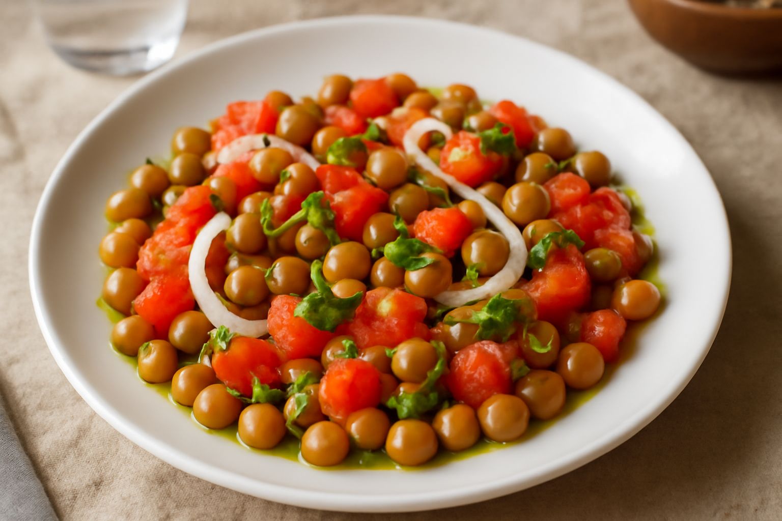 Insalata di cicerchia in una ciotola bianca: legumi marroni tondeggianti, pomodori rossi tagliati, cipolla bianca, prezzemolo fresco verde e un filo d'olio d'oliva brillante