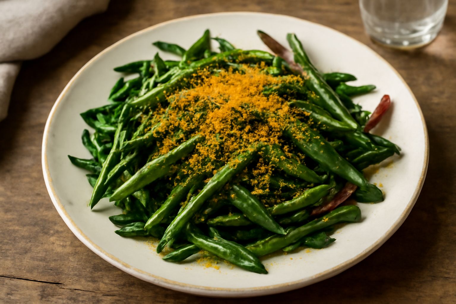 Insalata di cicoria fresca con foglie verde scuro su piatto bianco, bottarga grattugiata color ambra sparsa in superficie, filo d'olio d'oliva dorato, limone affettato accanto
