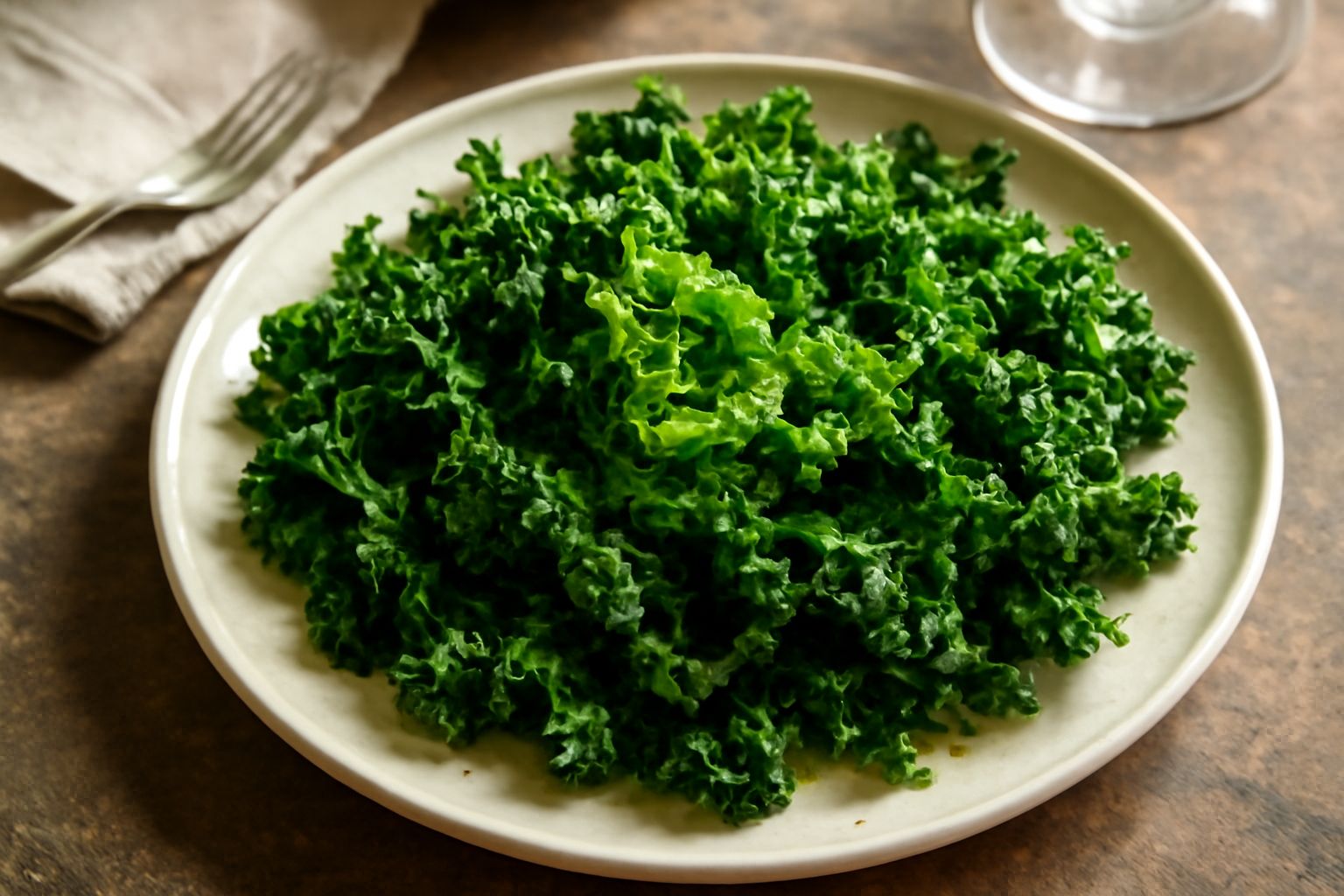Insalata di cicoria cotogna servita in un piatto bianco: foglie verde scuro arricciate, croccanti, condite con olio e limone giallo, con chicchi di pepe nero sparsi in superficie