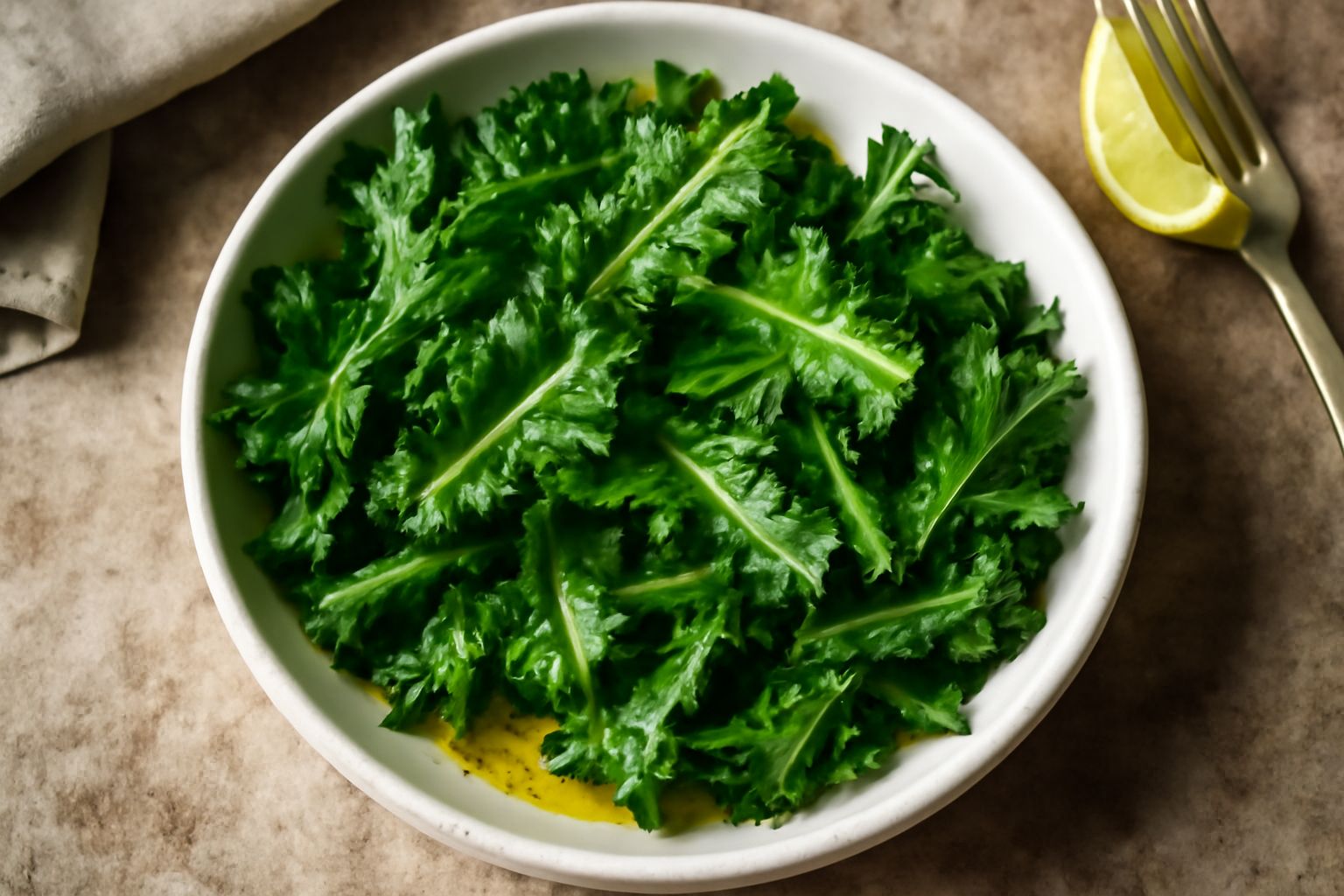 Insalata di cicoria di campo in ciotola bianca: foglie verde scuro e frastagliate, leggermente umide, condite con gocce di olio dorato e scorzetta di limone giallo, su tavolo di legno naturale