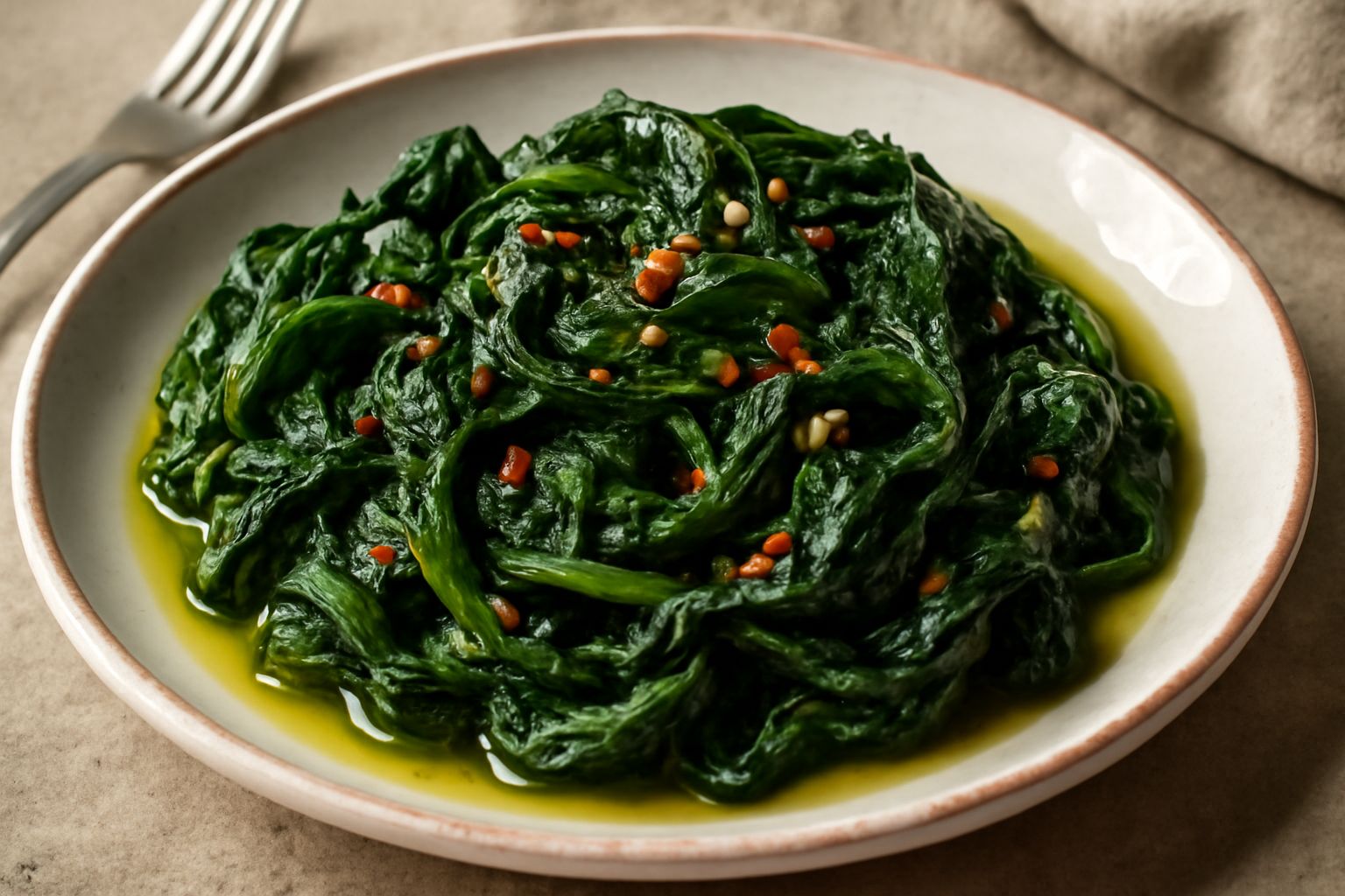 Insalata di cicoria ripassata in ciotola bianca: foglie verdi scuro di cicoria ancora integre, lucide di olio d'oliva, visibili scaglie di aglio dorato e piccoli frammenti di peperoncino rosso, contor