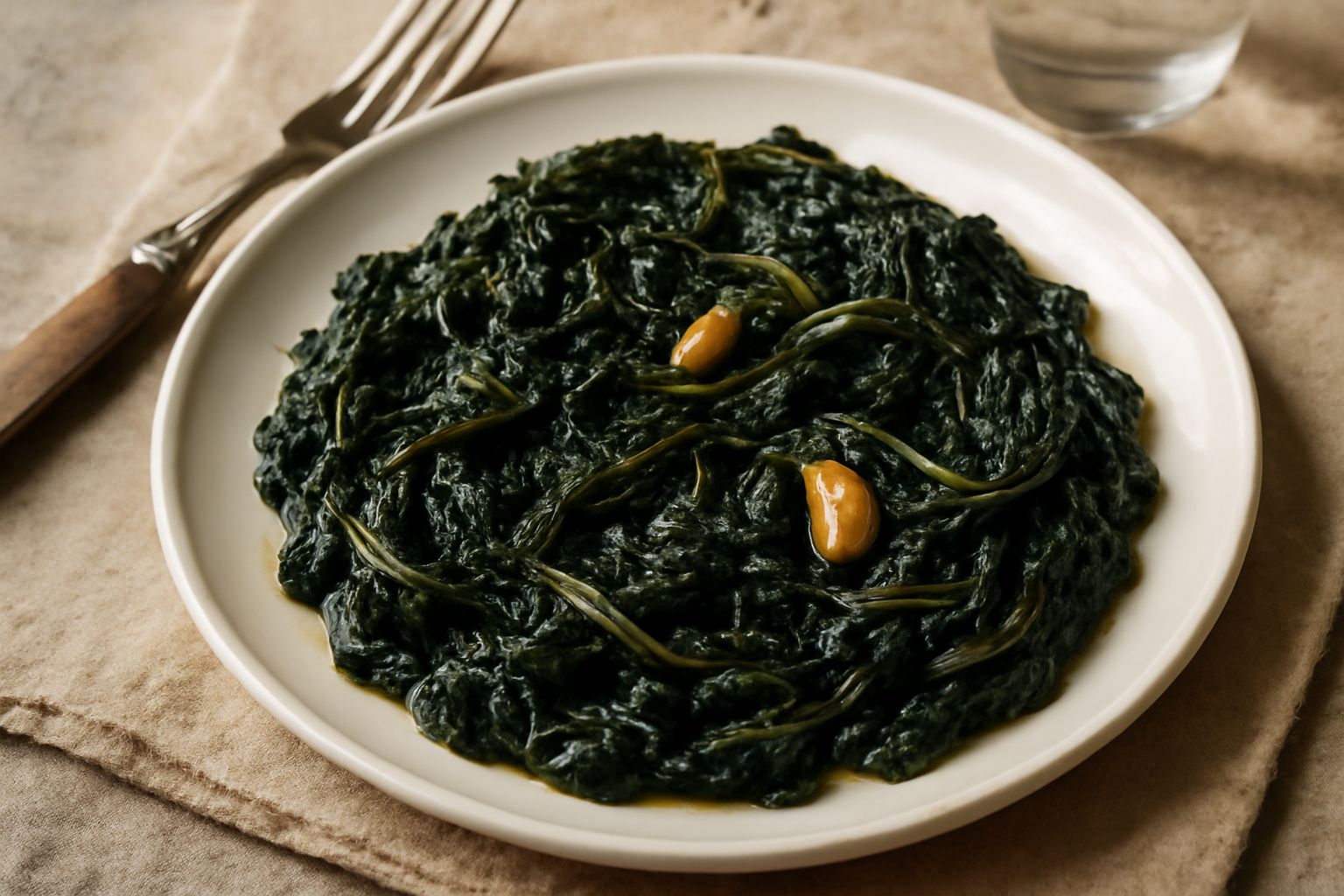 Insalata di cicoria ripassata disposta in un piatto bianco, verde scuro intenso, foglie morbide e lucide di olio, aglio dorato visibile tra i pezzi, gocce di limone fresco, fondo bianco del piatto in 