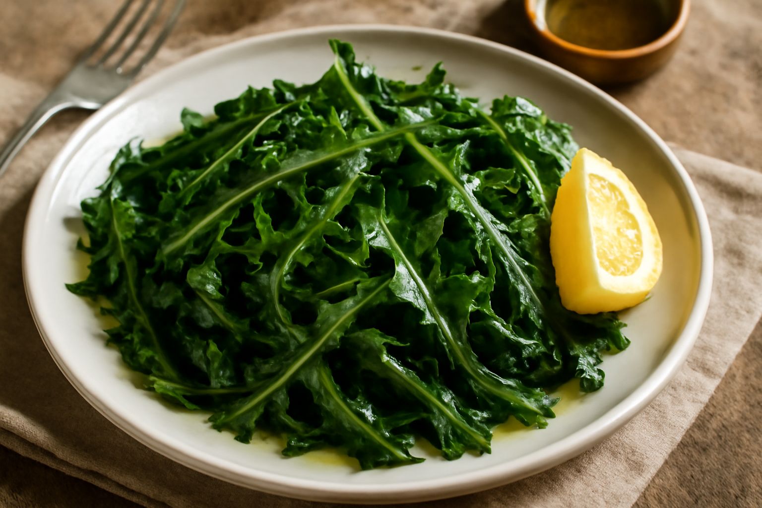 Insalata di cicoria selvatica in piatto bianco: foglie verde scuro croccanti, condite con olio dorato e gocce di limone, con pezzi di pane tostato ai bordi