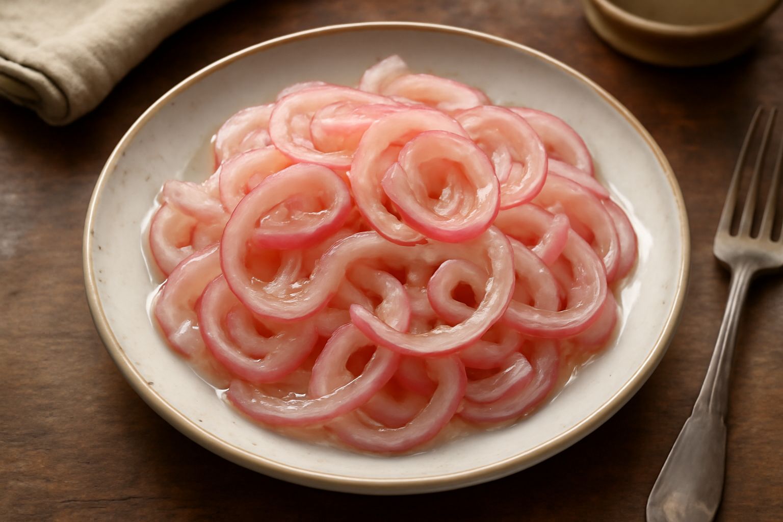 Insalata di cipolla in una ciotola bianca con cipolle rosse e bianche affettate finissime, condite con olio d'oliva verde, aceto e prezzemolo fresco sul bordo, con fette di limone accanto