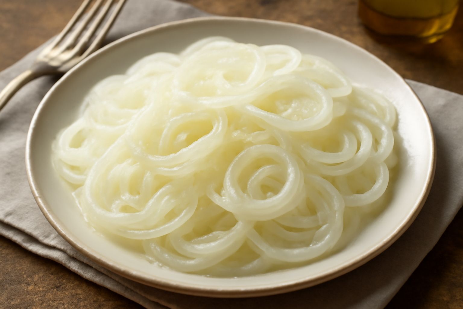 Insalata di cipolla di Cannara servita in ciotola bianca, cipolle affettate in anelli sottili leggermente traslucidi, condimento a base di olio e aceto trasparente che brilla, foglie di prezzemolo fre