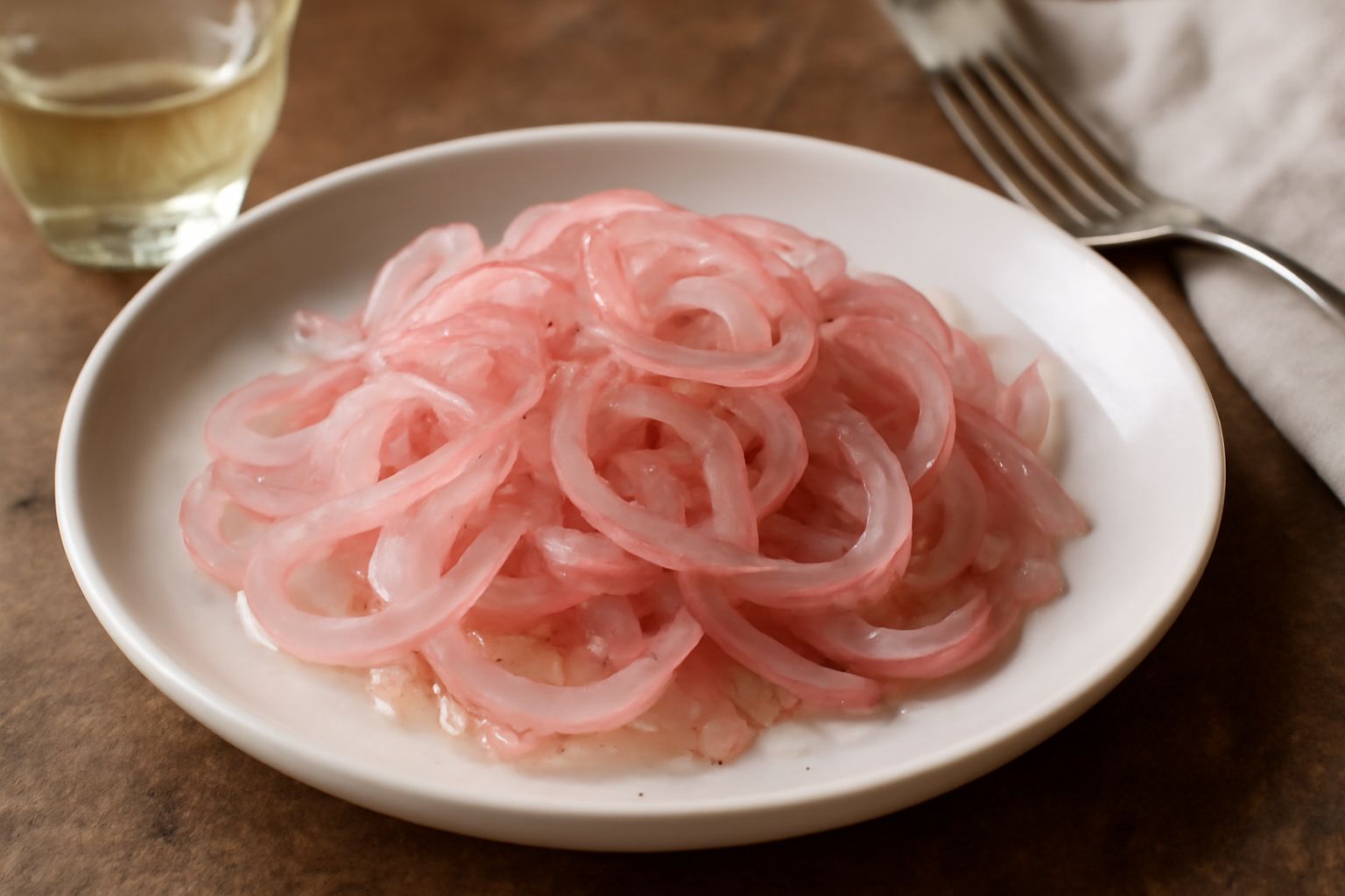 Insalata di cipolla di Dolcetto servita in ciotola bianca: fette sottili di cipolla rosa pallido, semi di sesamo bianco, foglie verdi di prezzemolo fresco, condimento lucido, fondo grigio chiaro