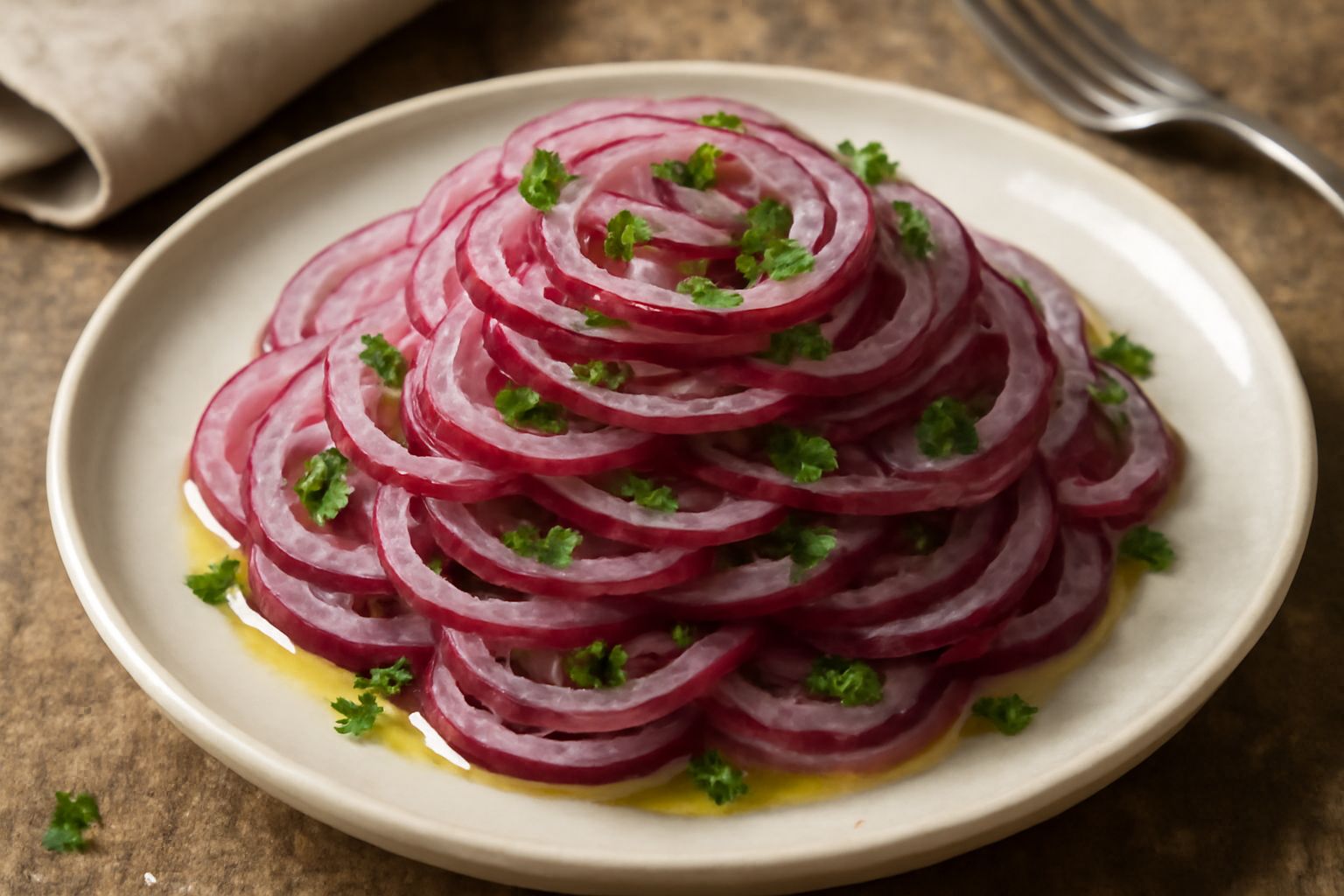 Insalata di cipolla di Tropea: fette sottili e trasparenti di cipolla rossa disposto su un piatto bianco, condite con olio lucido e fili di prezzemolo fresco, con accanto un cucchiaio di legno